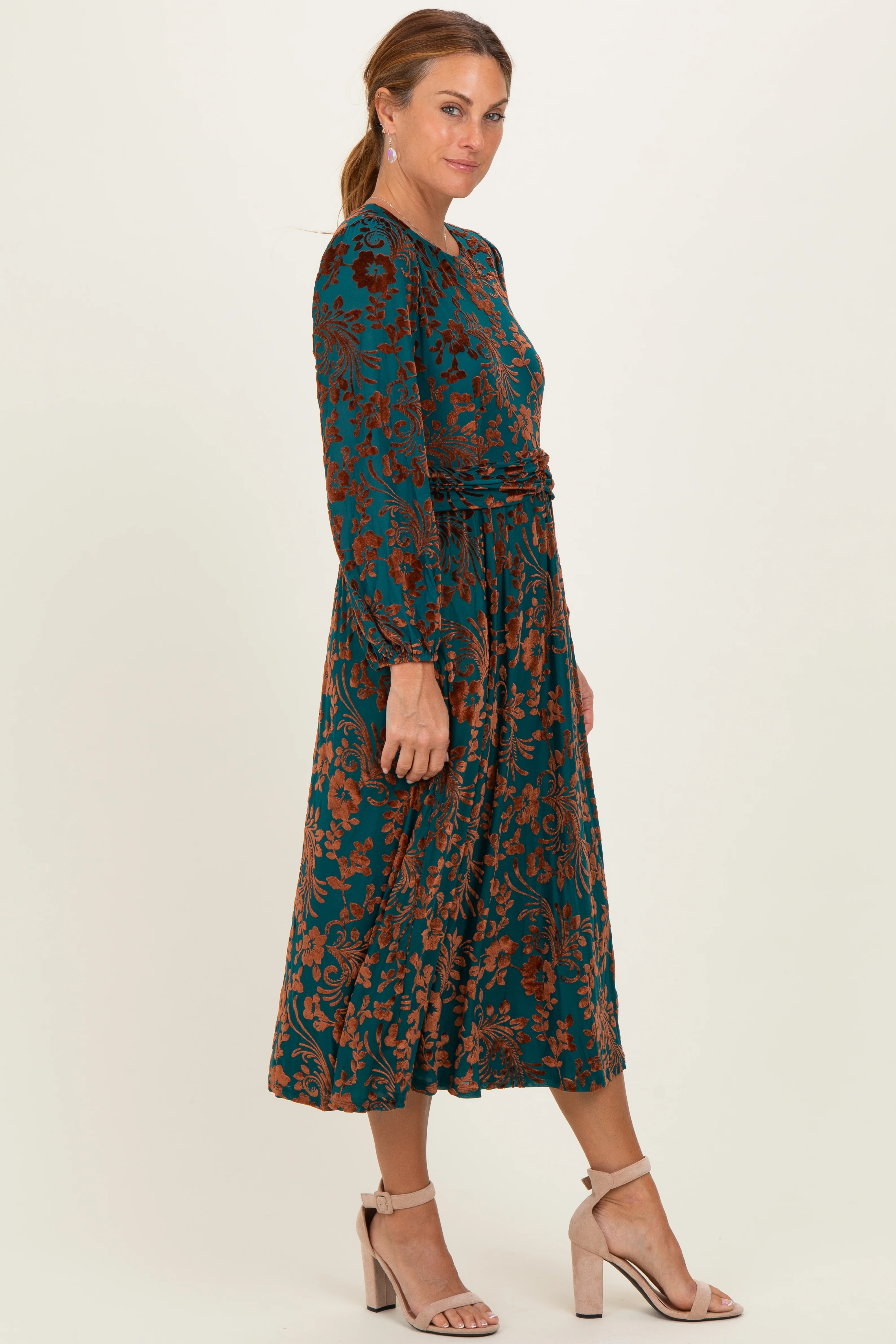 Teal Velvet Floral Overlay Maternity Midi Dress - Image 5