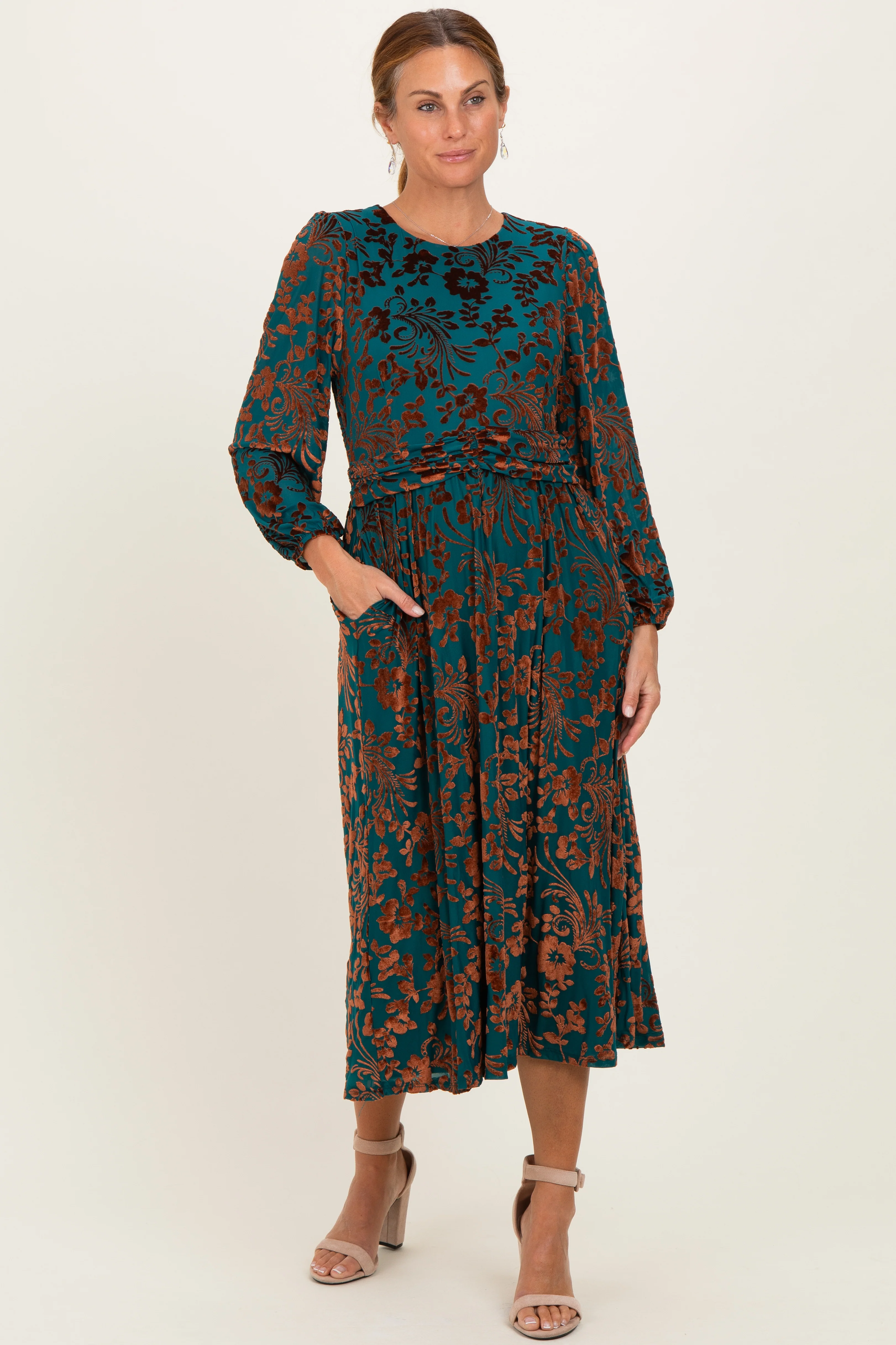 Teal Velvet Floral Overlay Midi Dress - Image 2