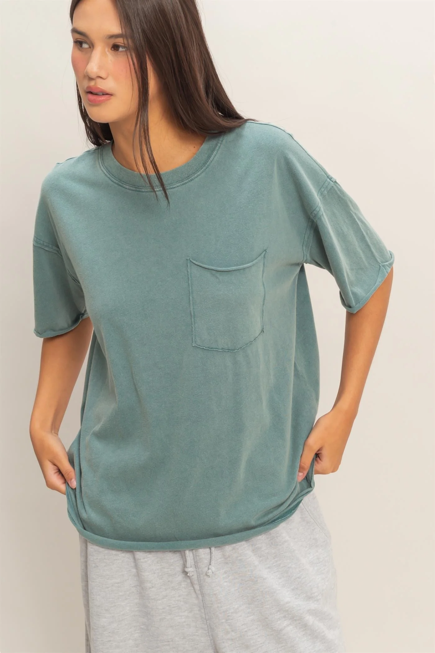Teal Vintage Wash Raw Edge Pocket Maternity T-Shirt - Image 5