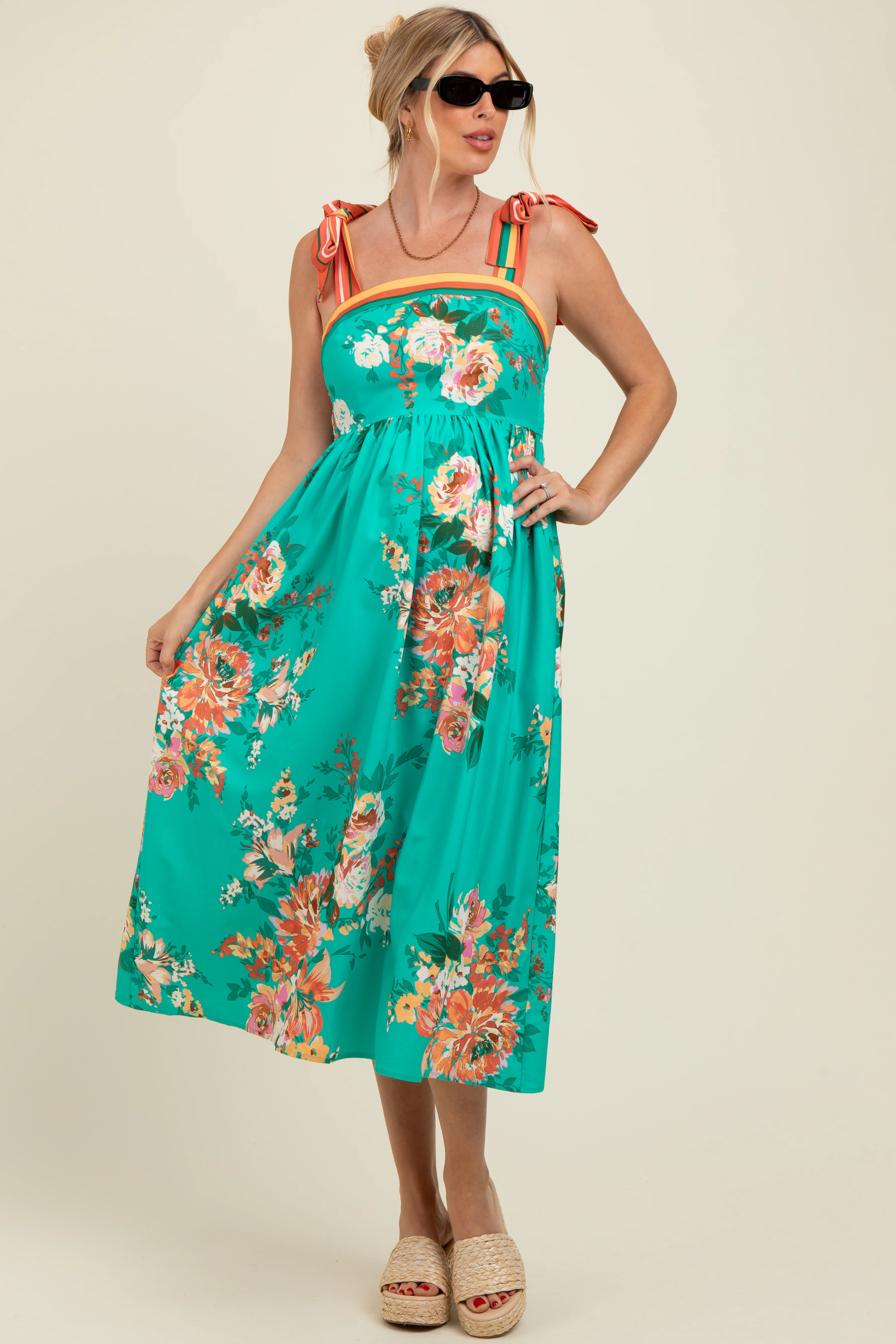 Turquoise Floral Contrast Shoulder Tie Maternity Midi Dress - Image 3
