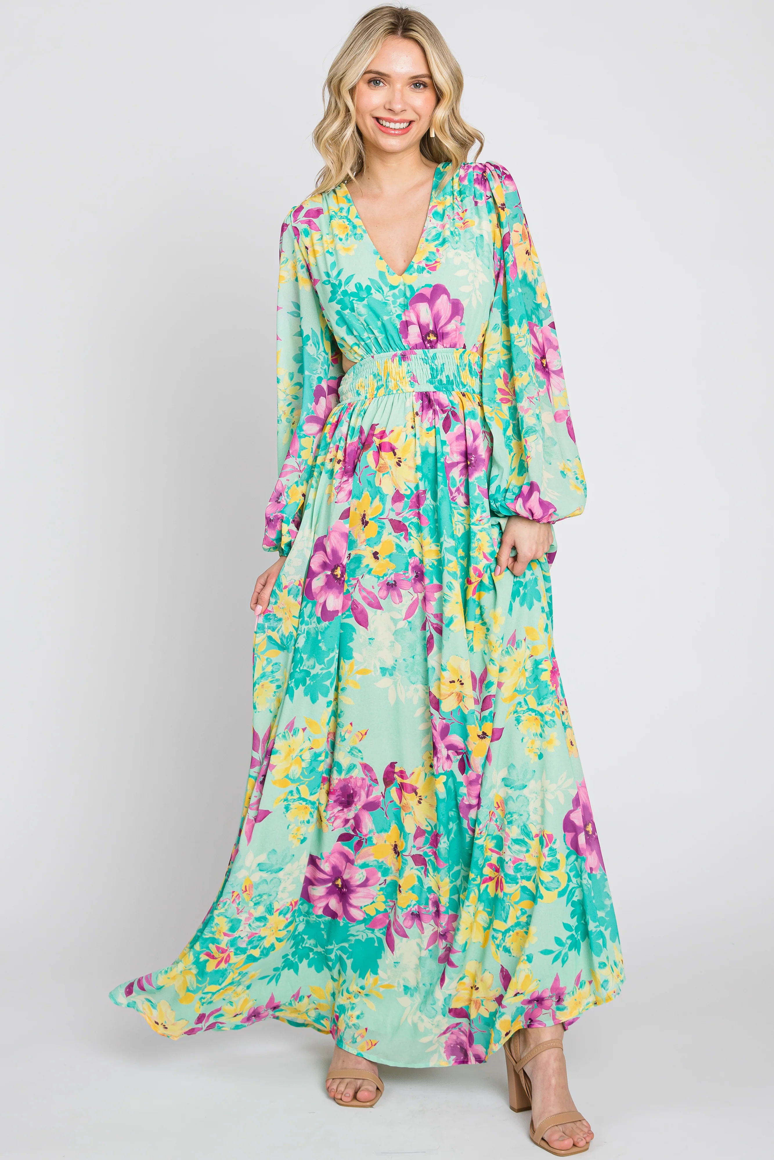 Turquoise Floral Side Cutout Maternity Maxi Dress - Image 3