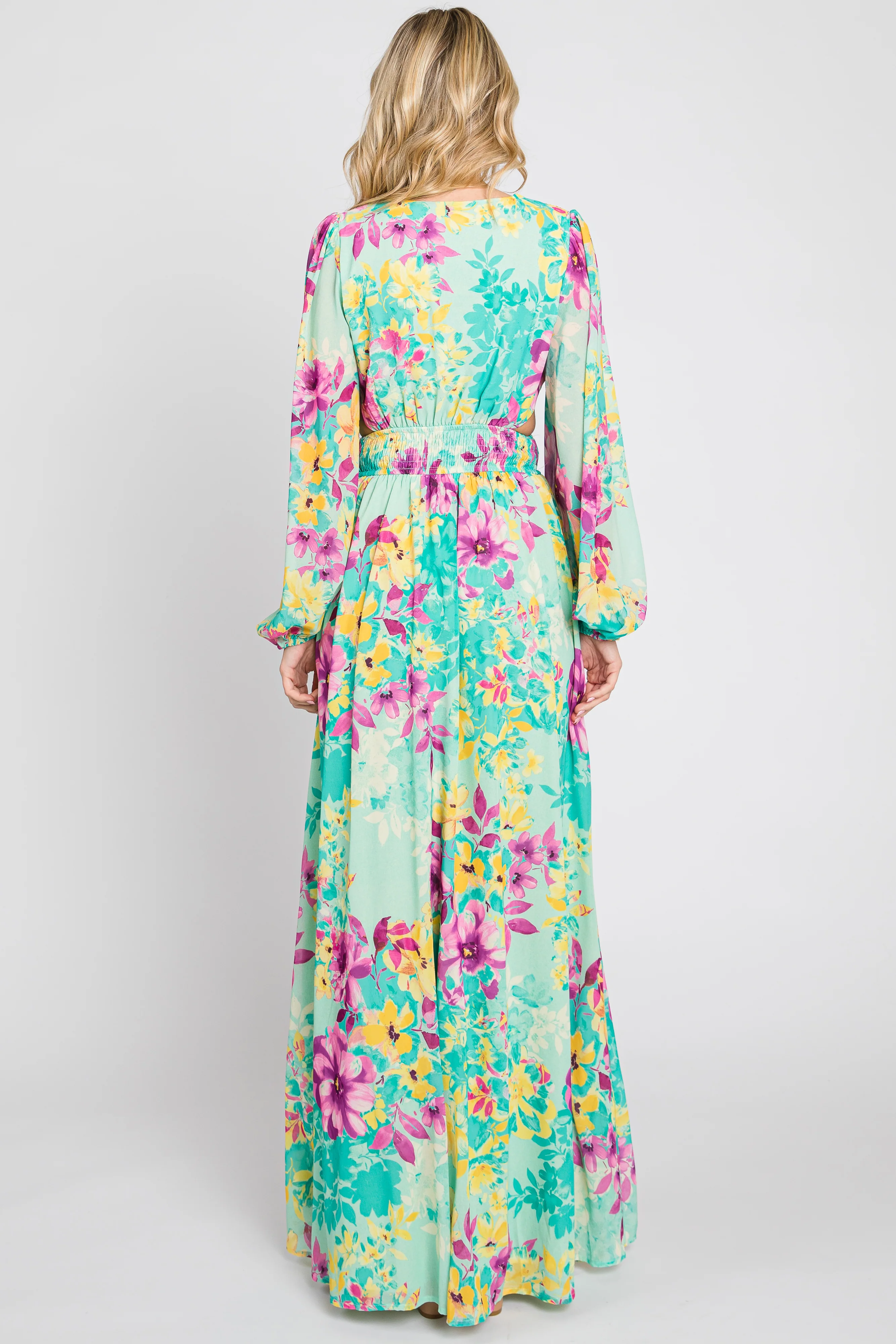 Turquoise Floral Side Cutout Maxi Dress - Image 3