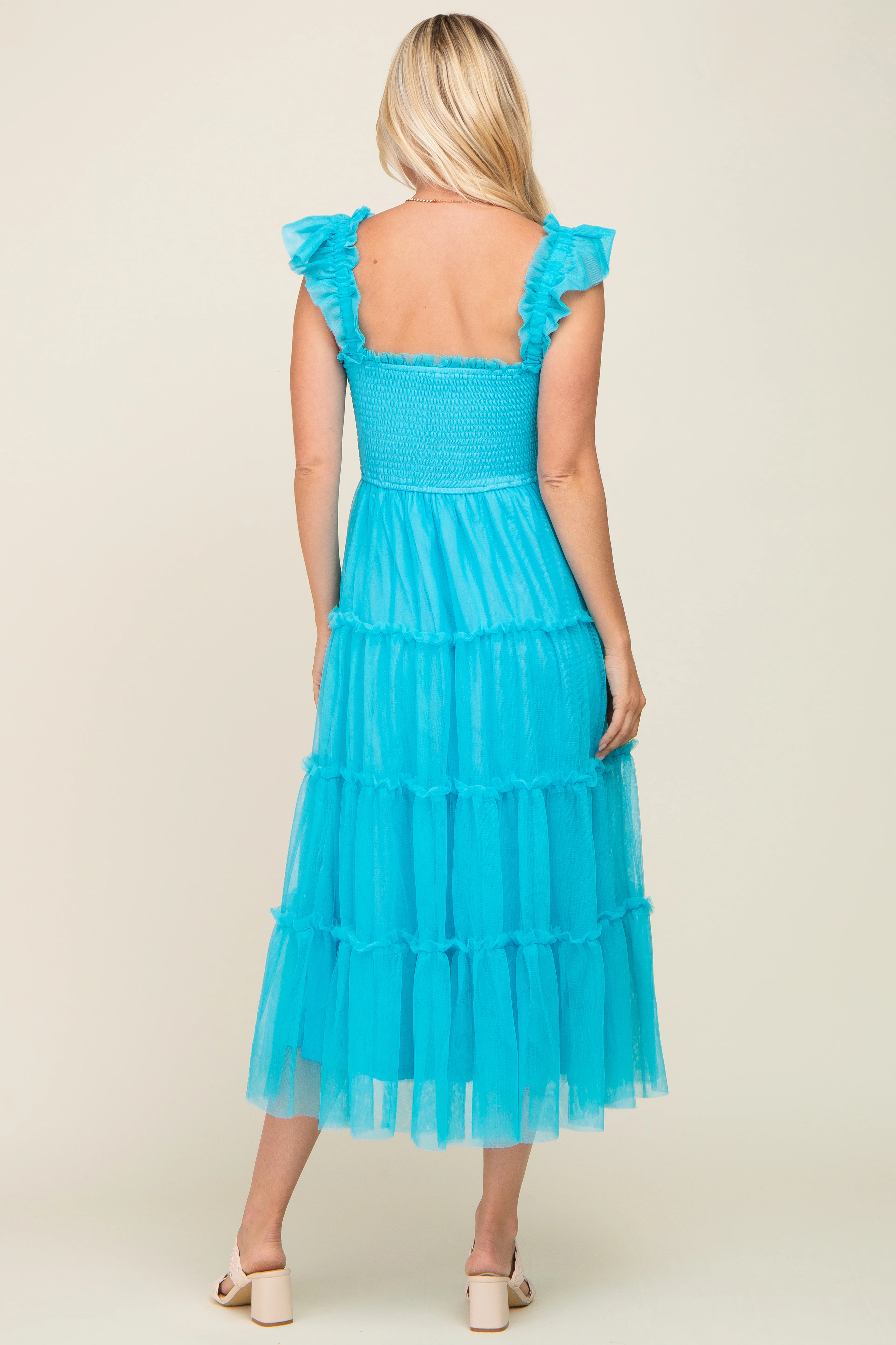 Turquoise Smocked Mesh Ruffle Accent Midi Dress - Image 3