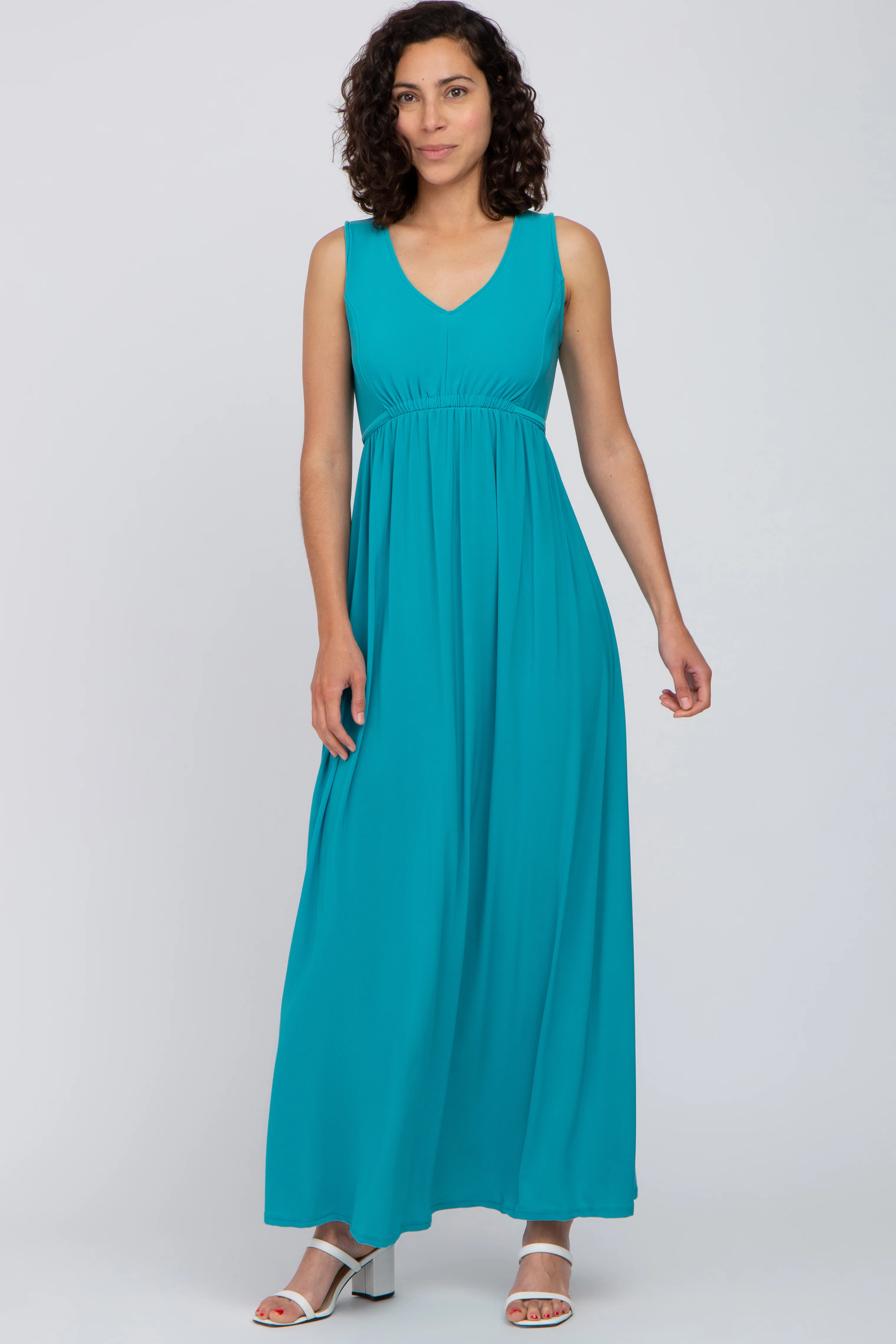 Turquoise V-Neck Sleeveless Maternity Maxi Dress - Image 4