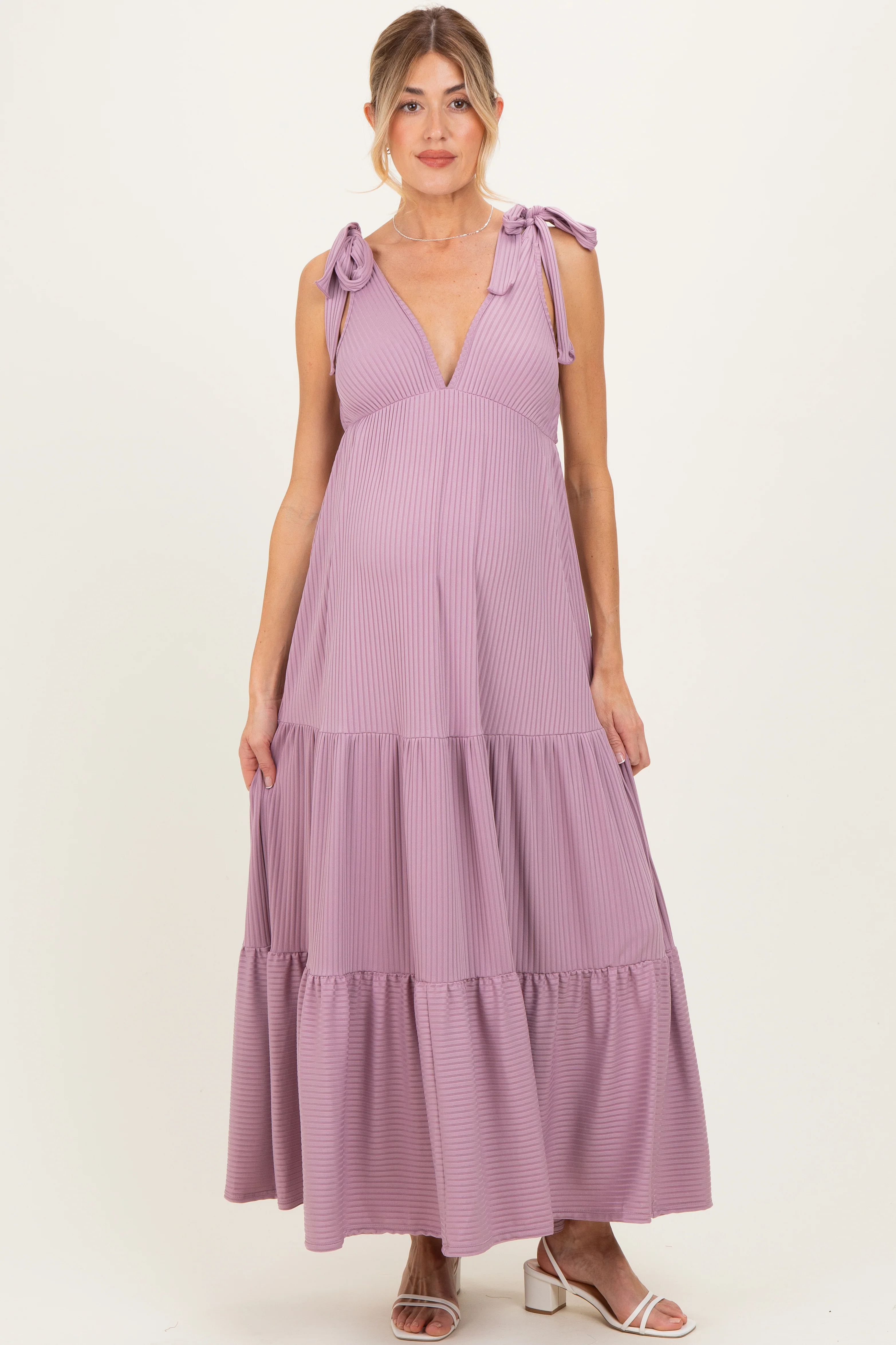 Violet Shoulder Tie Ribbed Tiered Maternity Maxi Dress - Image 3