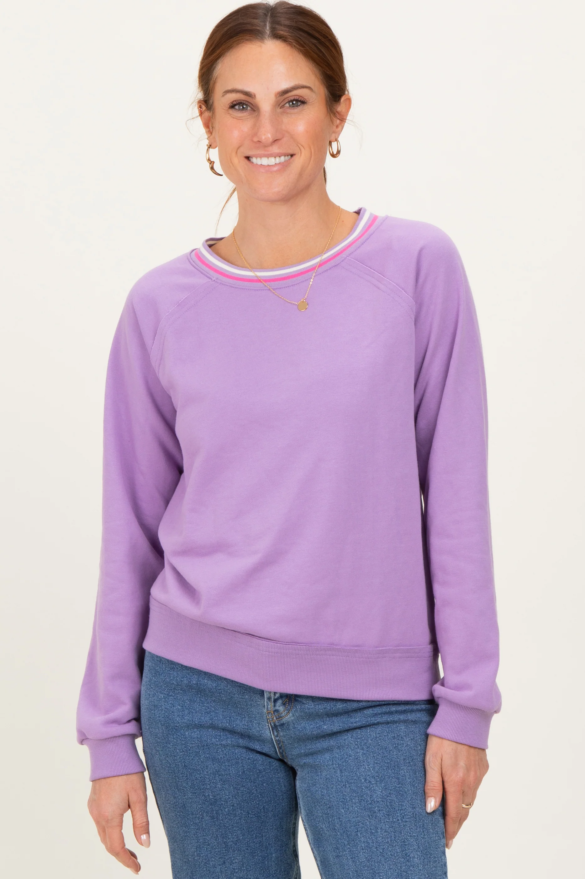Violet Striped Neckline Terry Sweatshirt - Image 2