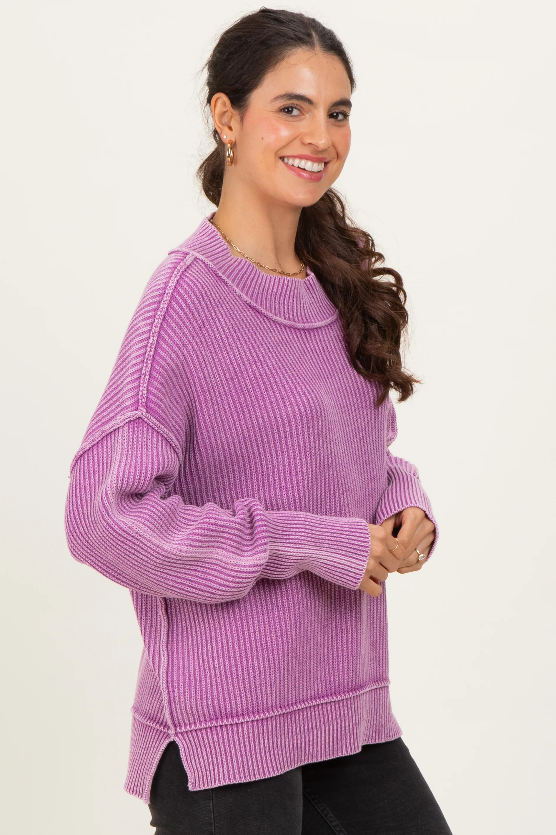 Violet Washed Side Slit Oversized Sweater - Image 3
