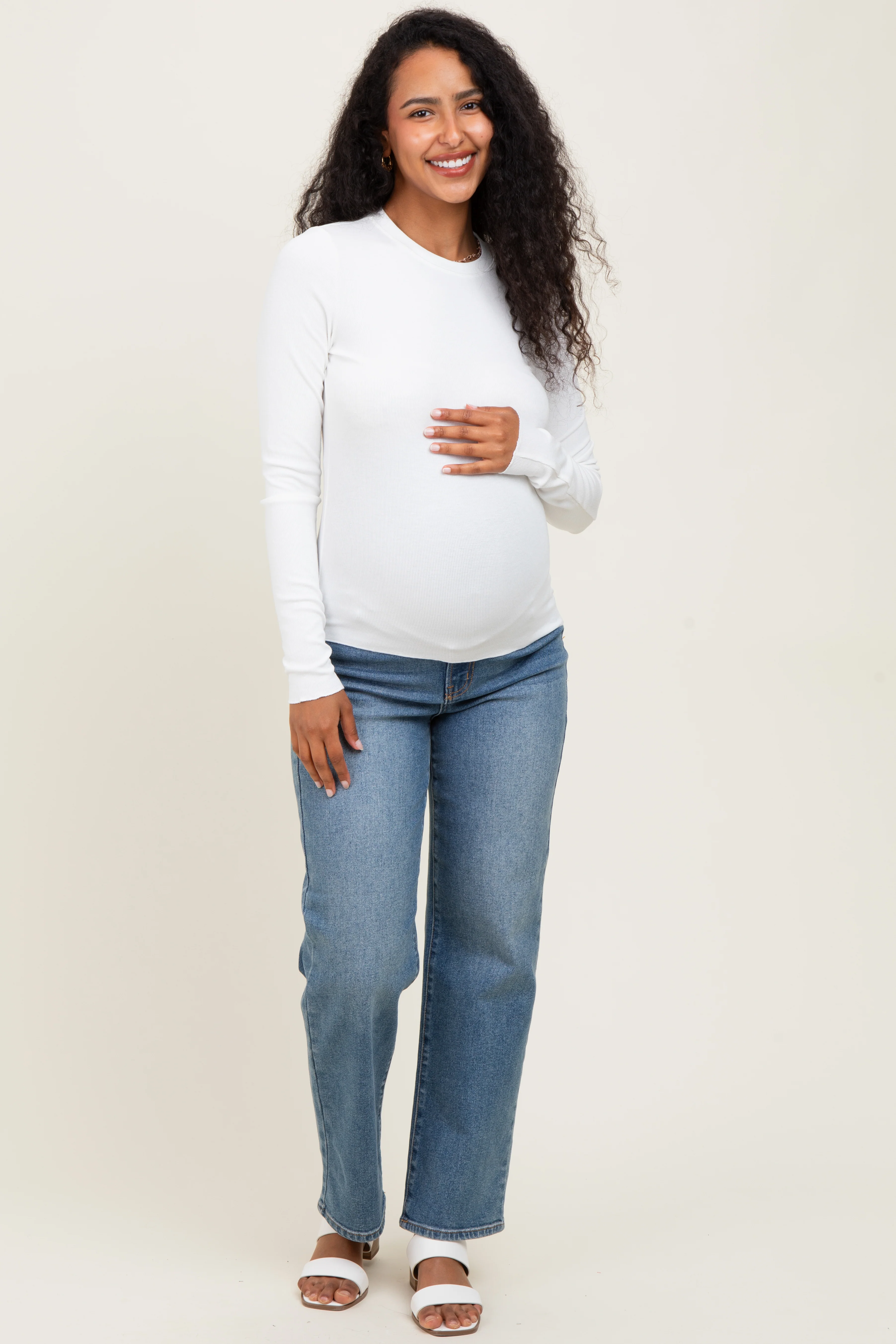 White Basic Ribbed Knit Long Sleeve Maternity Top - Image 3