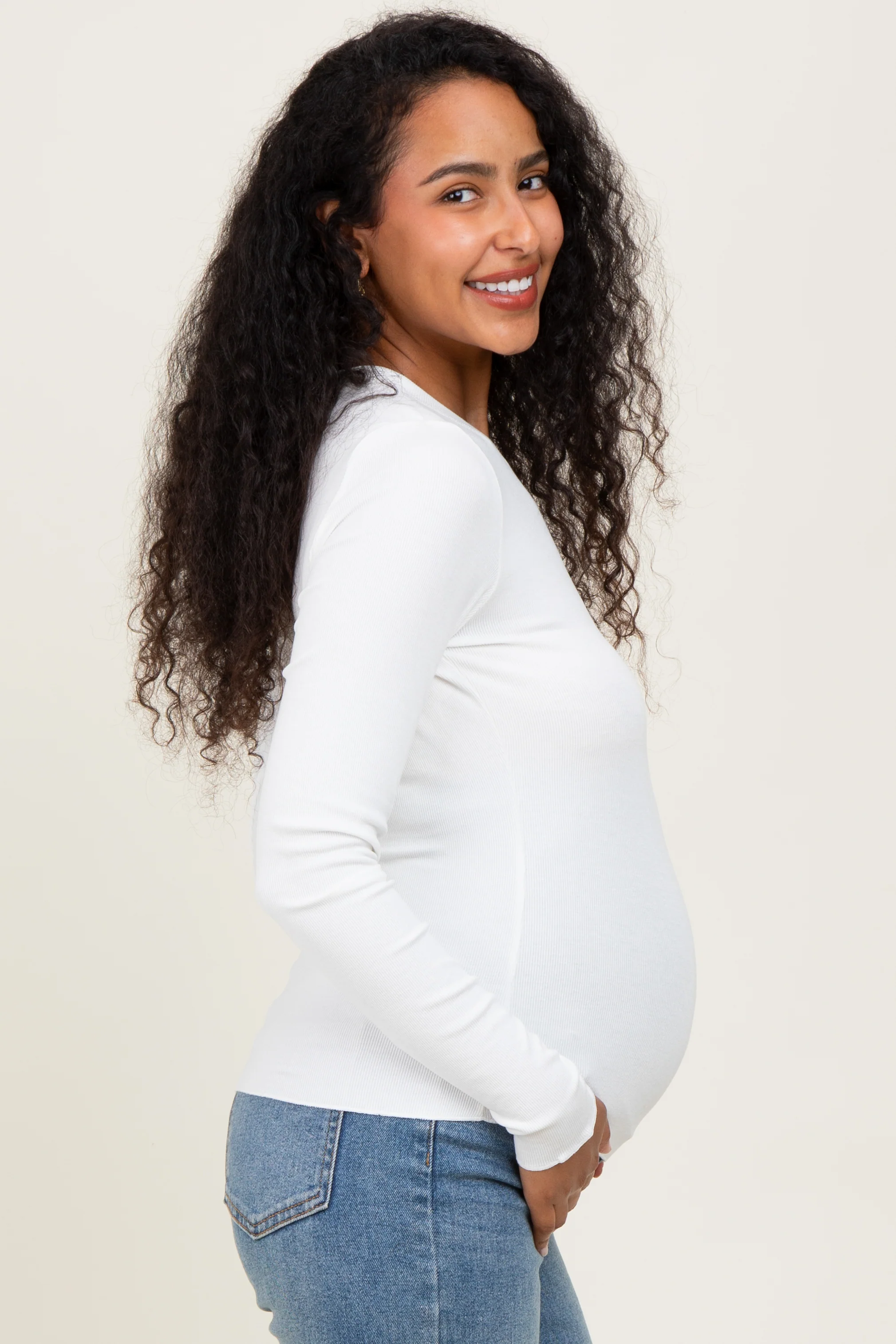 White Basic Ribbed Knit Long Sleeve Maternity Top - Image 4