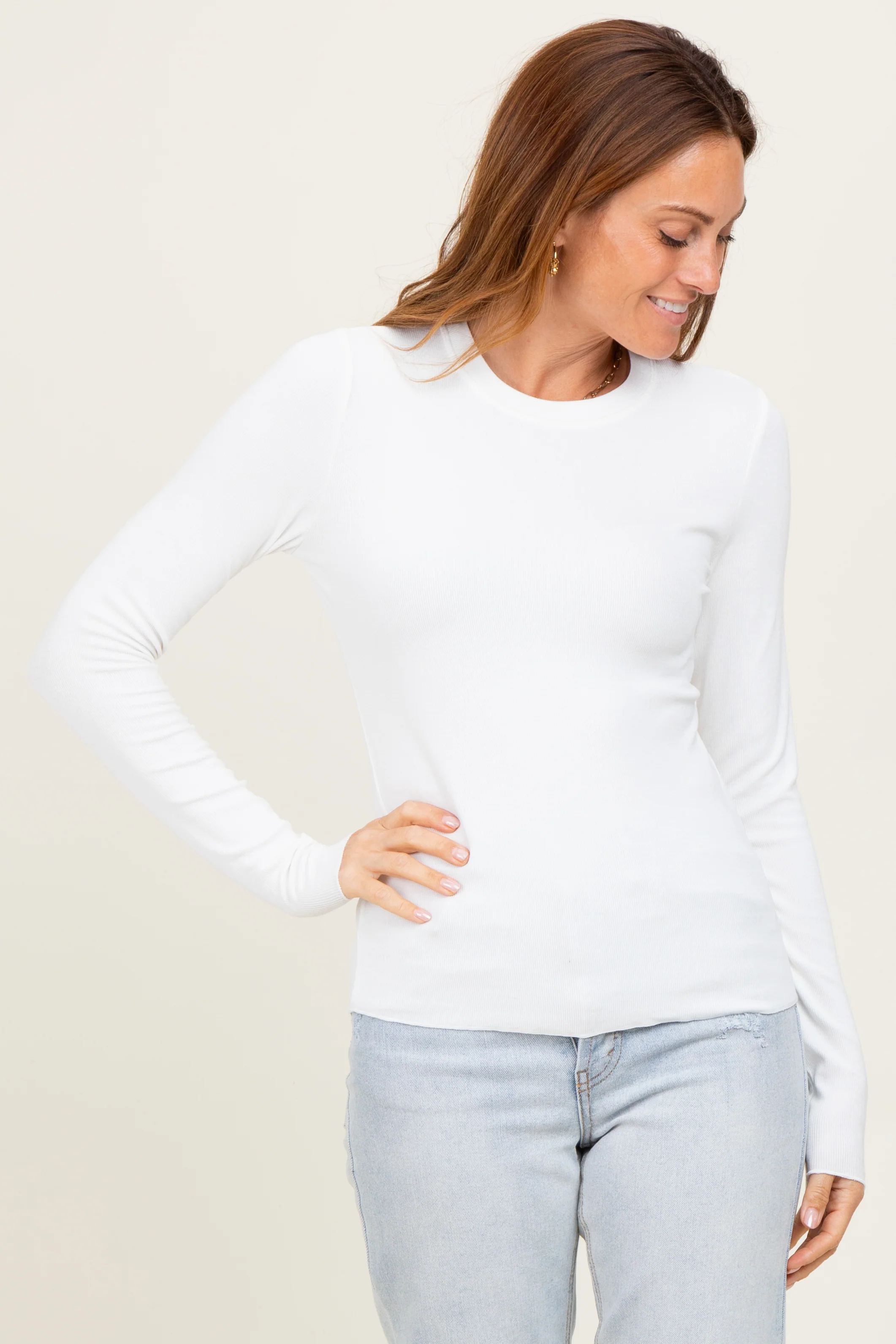 White Basic Ribbed Knit Long Sleeve Maternity Top - Image 6