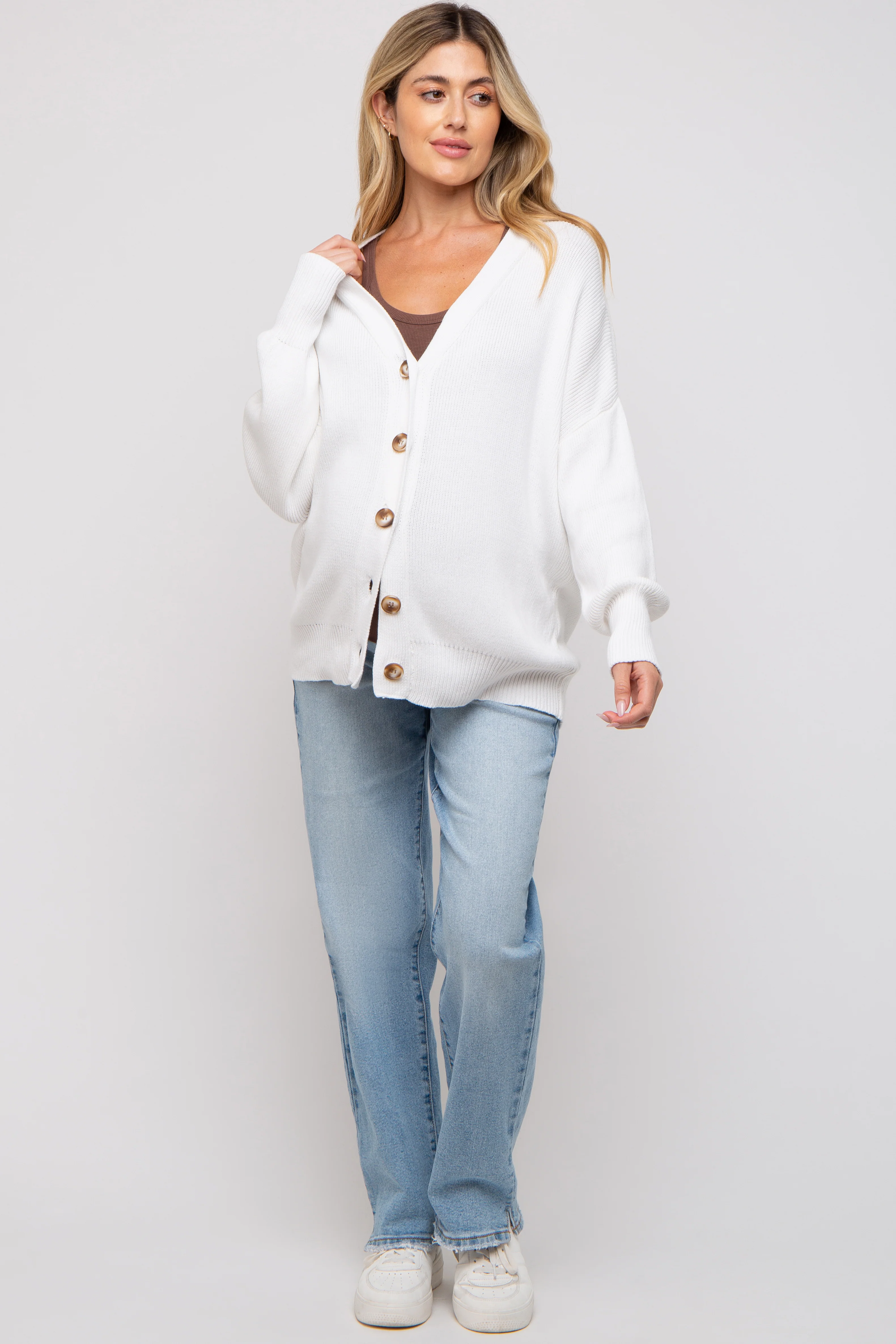 White Basic Ribbed Maternity Cardigan Sweater - Image 5