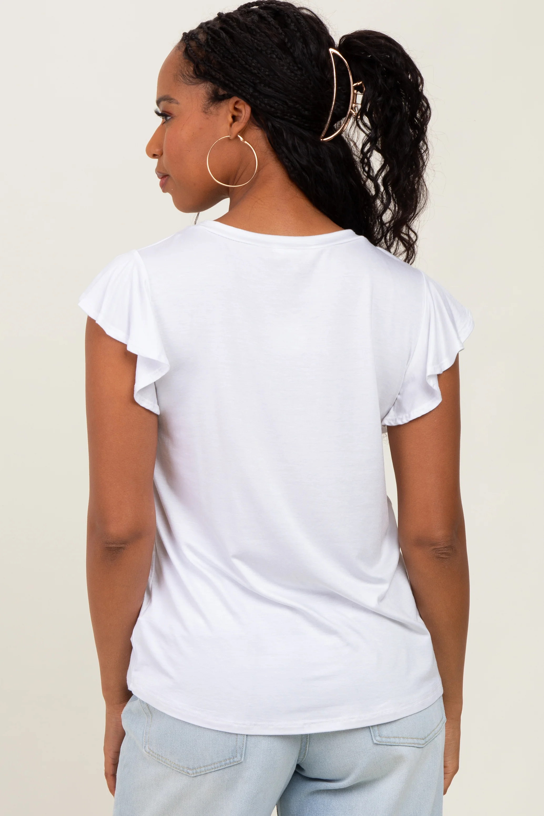 White Basic Short Flutter Sleeve Maternity Tee - Image 4