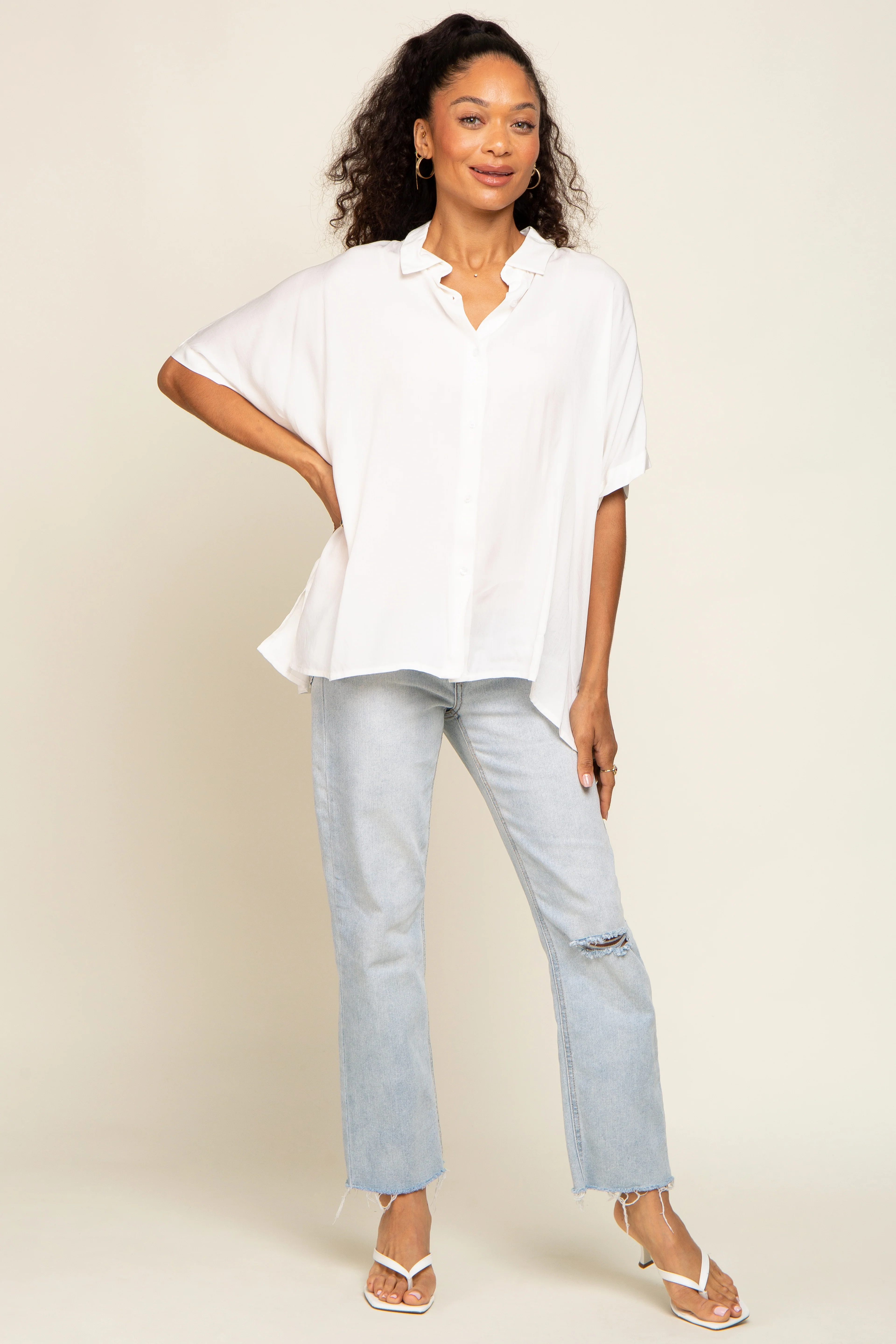 White Button Up Dolman Short Sleeve Top - Image 4