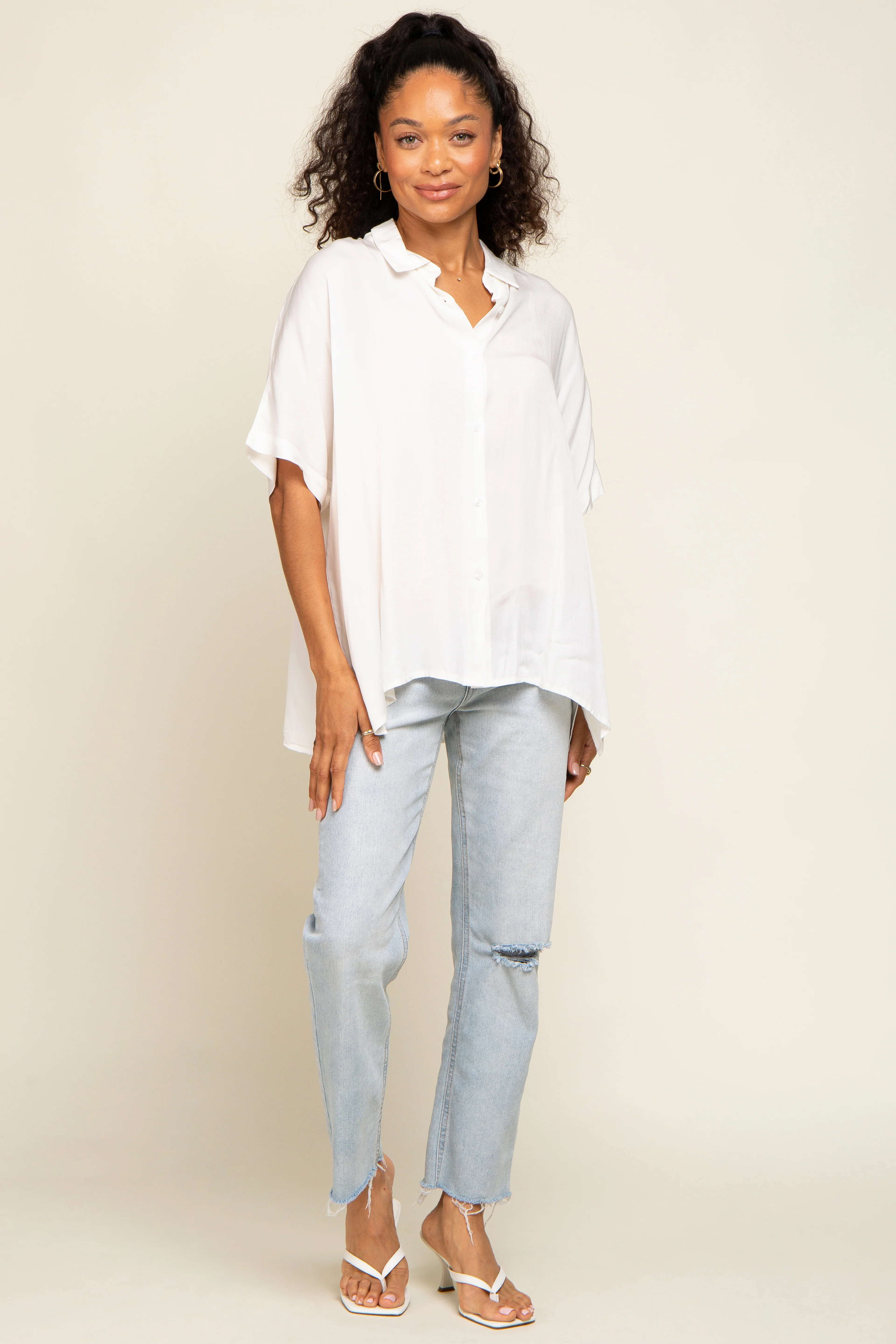 White Button Up Dolman Short Sleeve Top - Image 5