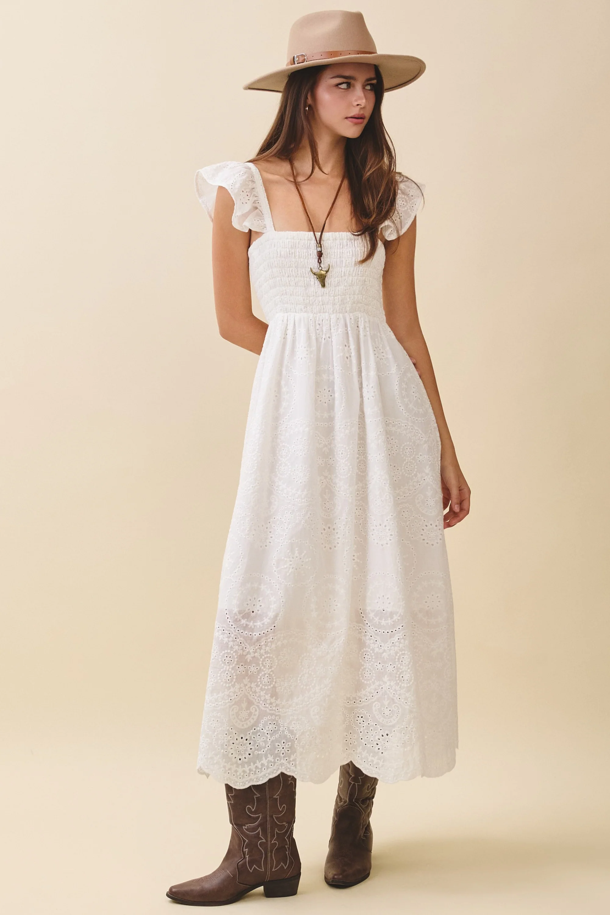 White Embroidered Smocked Cutout Maternity Midi Dress - Image 5