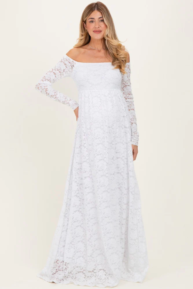 White Floral Lace Long Sleeve Off Shoulder Maternity Maxi Dress - Image 3