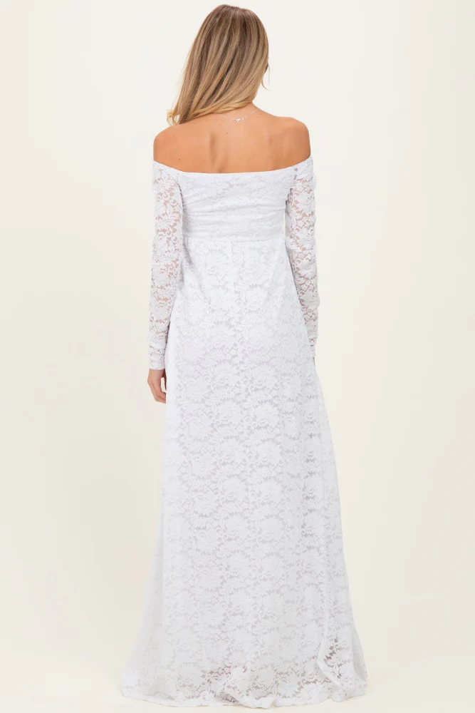 White Floral Lace Long Sleeve Off Shoulder Maternity Maxi Dress - Image 4