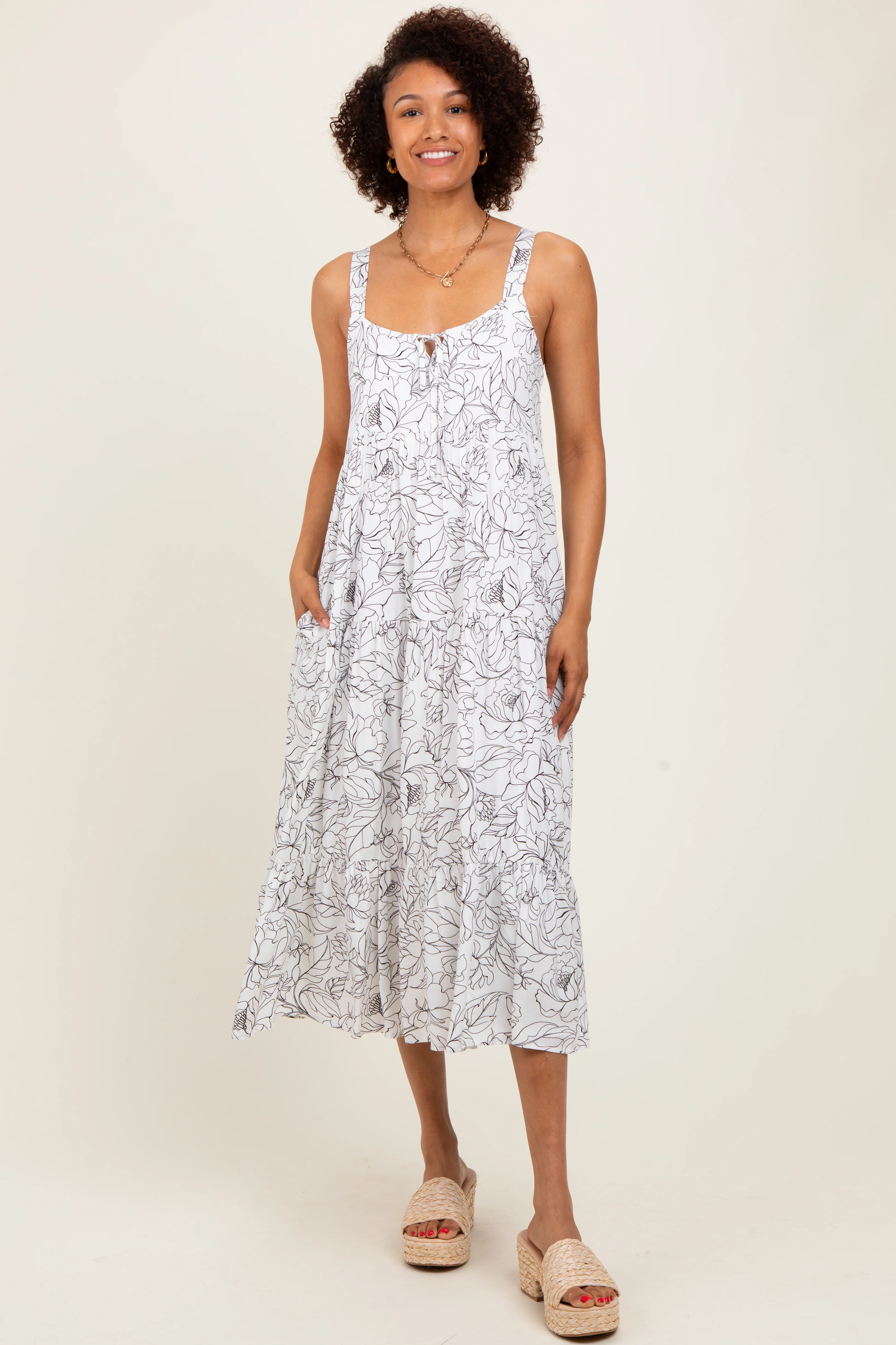 White Floral Outline Print Sleeveless Maternity Midi Dress - Image 4