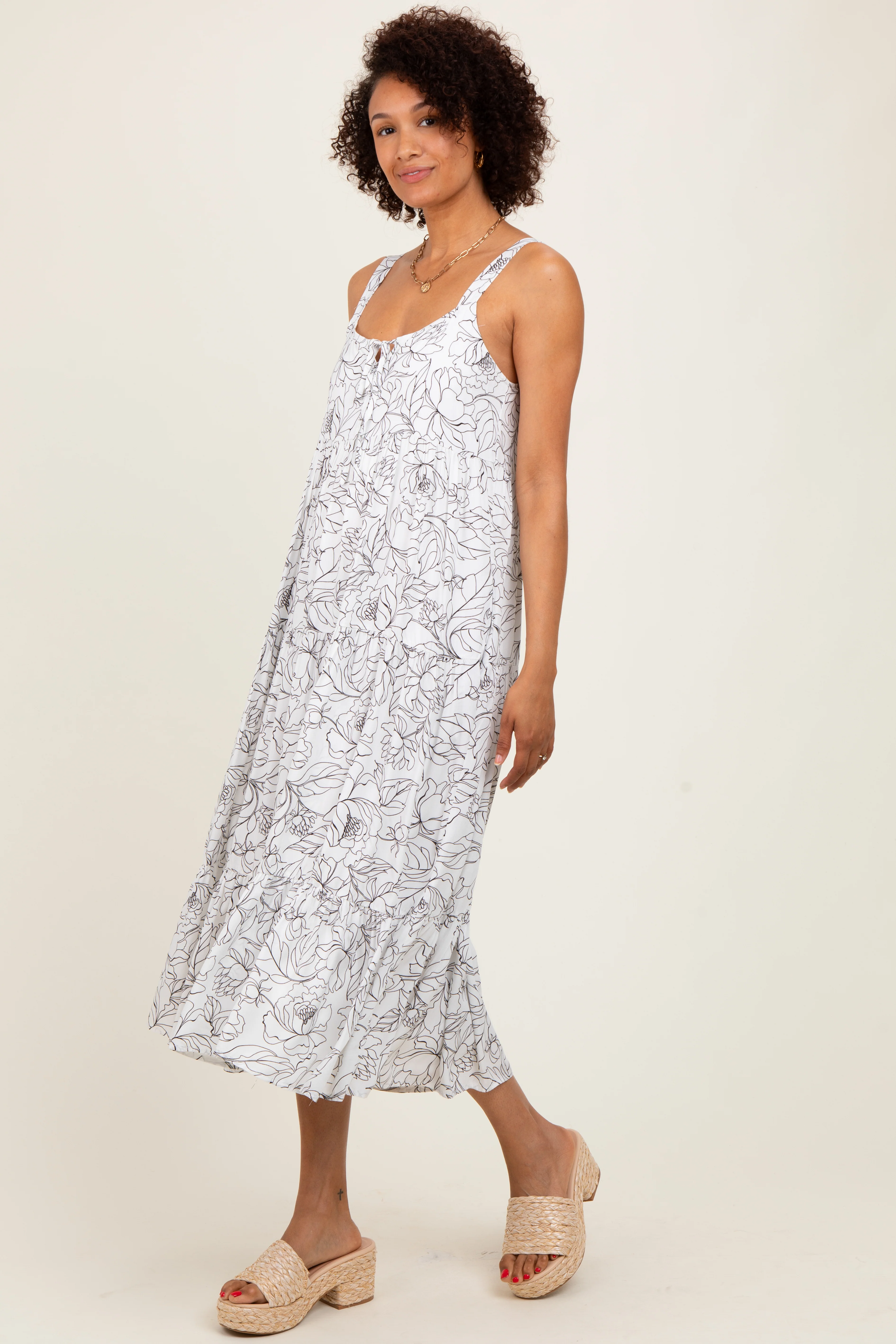 White Floral Outline Print Sleeveless Midi Dress - Image 3