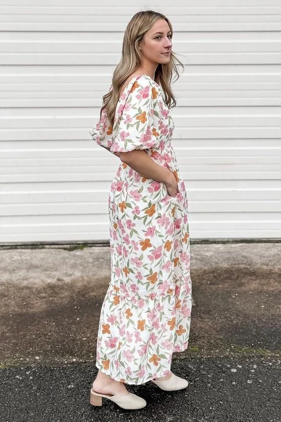 White Floral Puff Sleeve Maxi Dress - Image 8