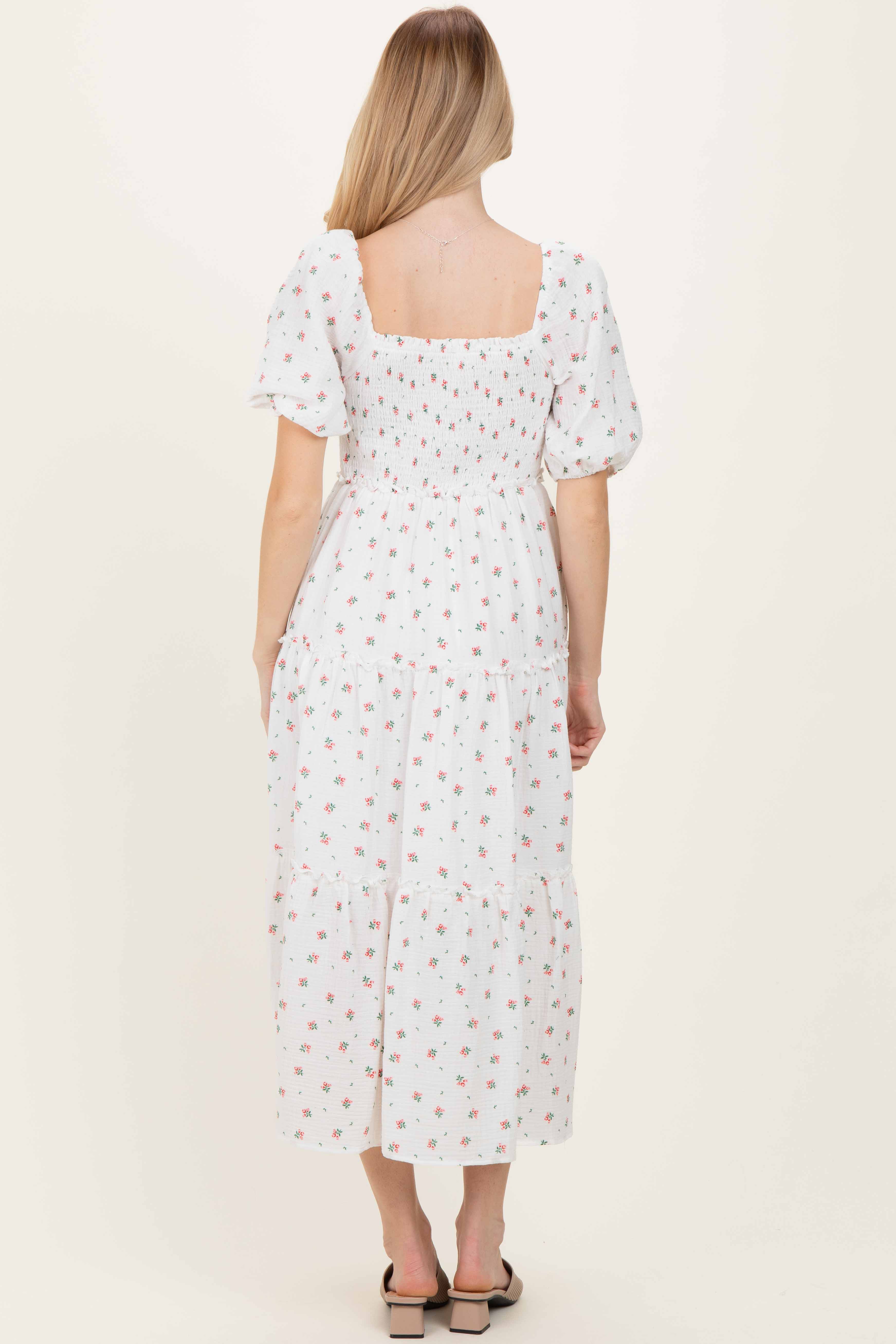 White Floral Puff Sleeve Tiered Maxi Dress - Image 4