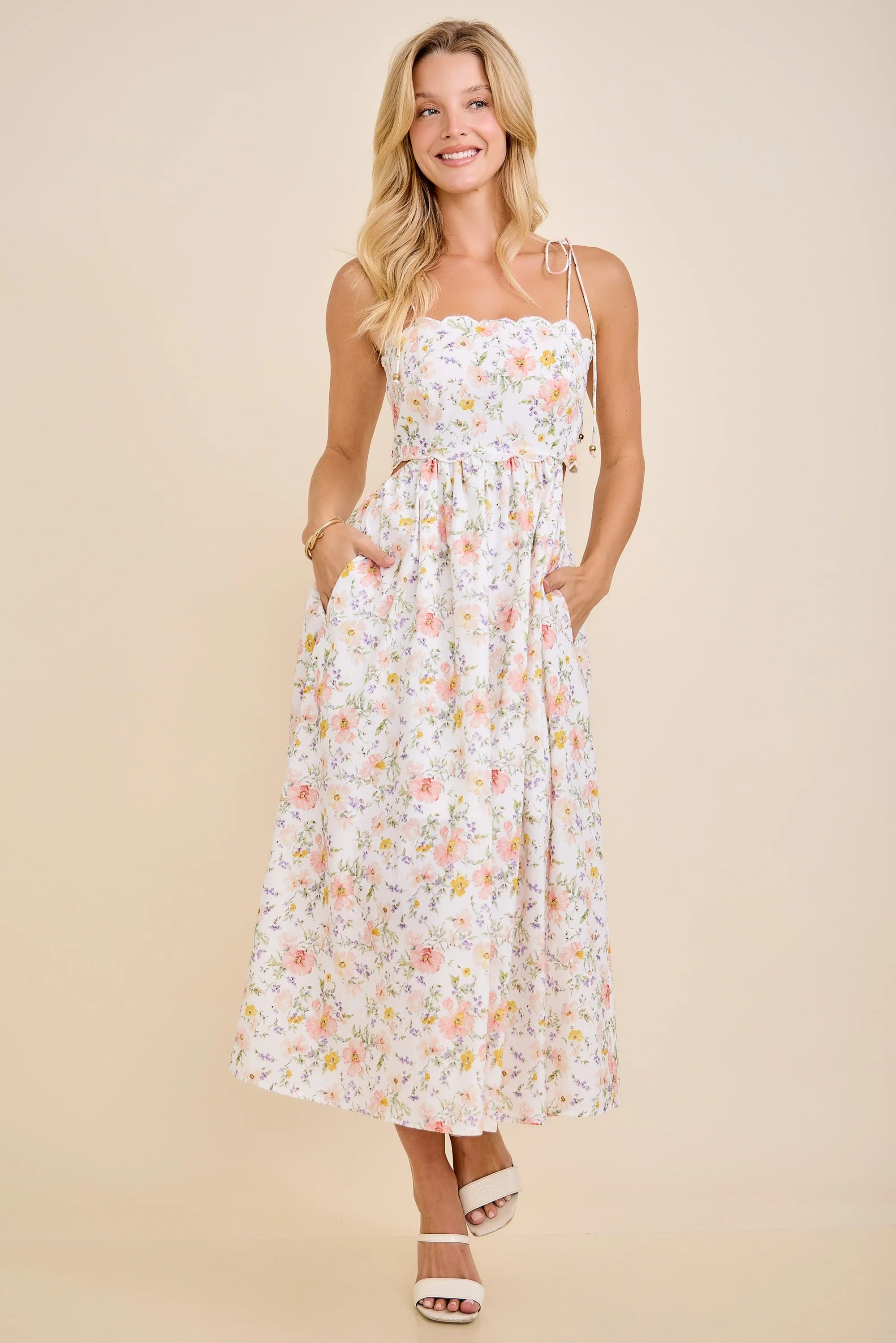White Floral Shoulder Tie Cutout Midi Dress - Image 2
