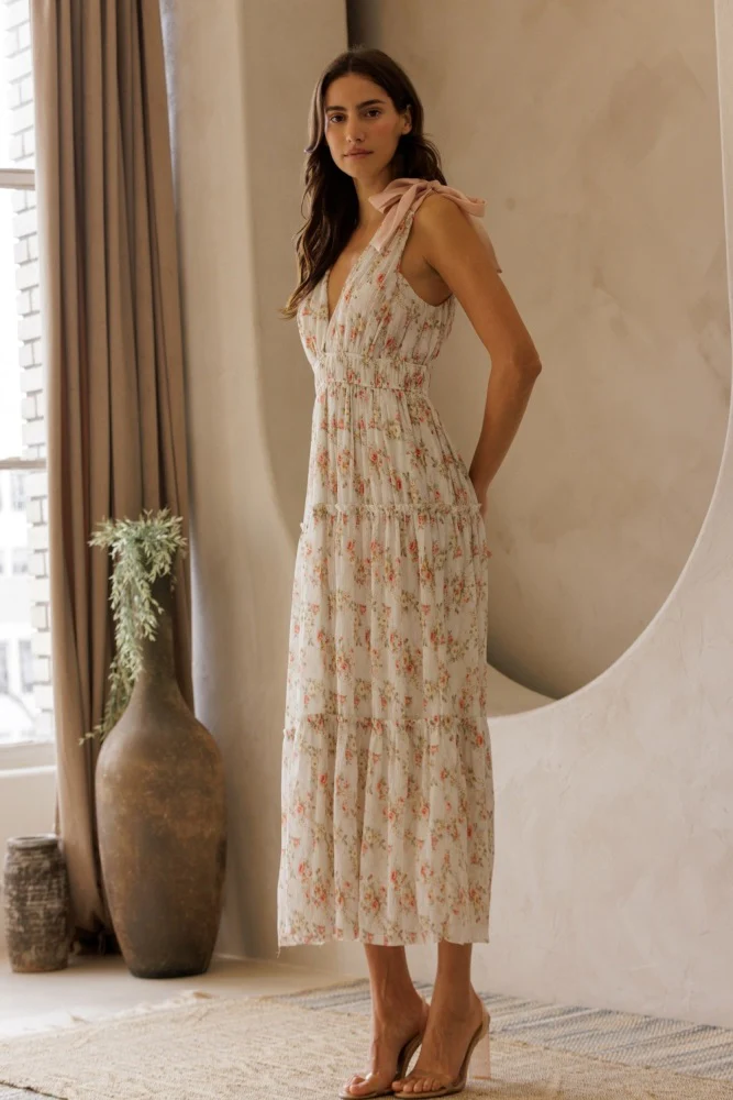 White Floral Shoulder Tie Deep V-Neck Tiered Maxi Dress - Image 3