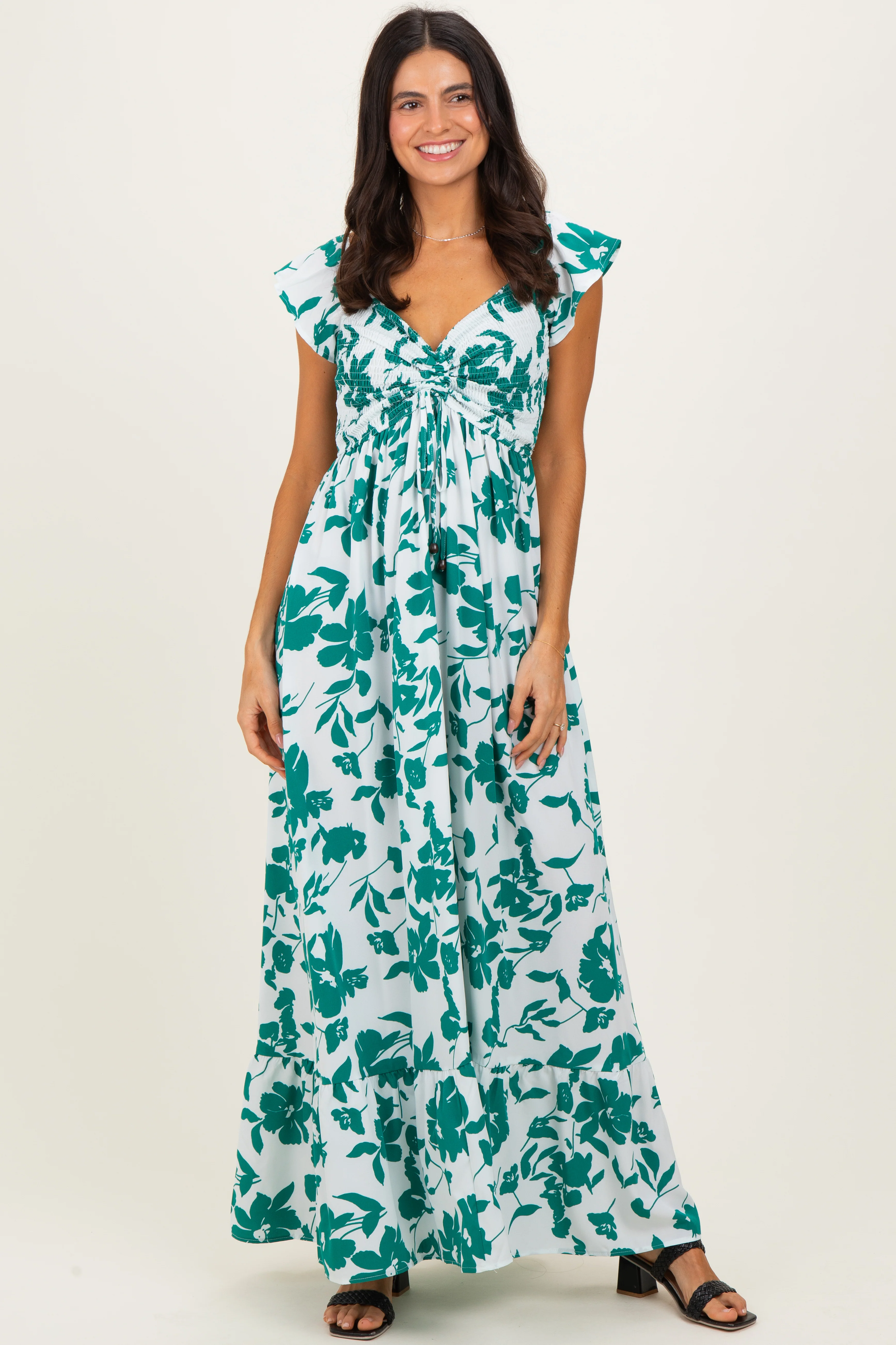 White Floral Smocked Cinched Top Maxi Dress - Image 2