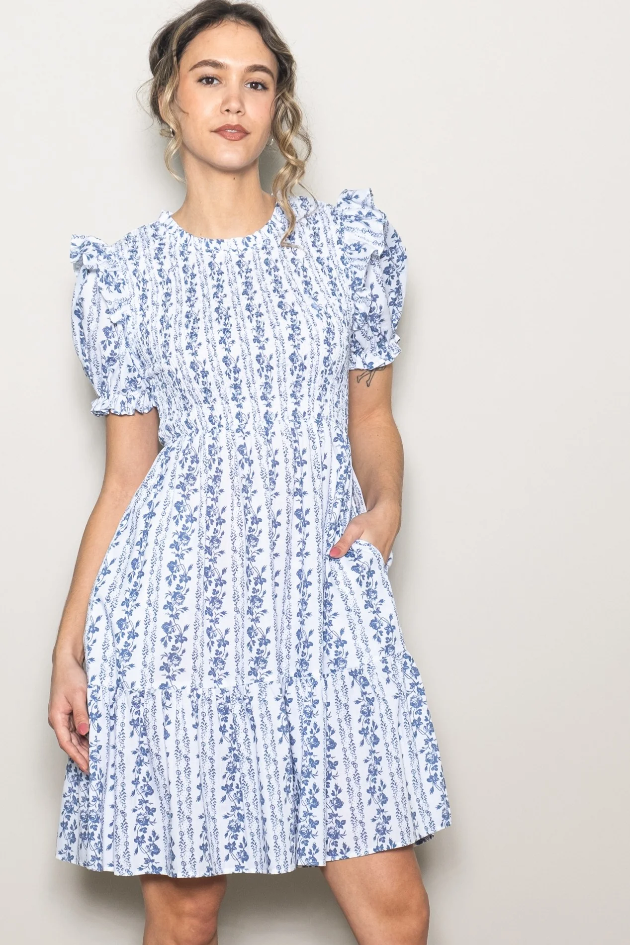 White Floral Smocked Ruffle Accent Maternity Dress - Image 5