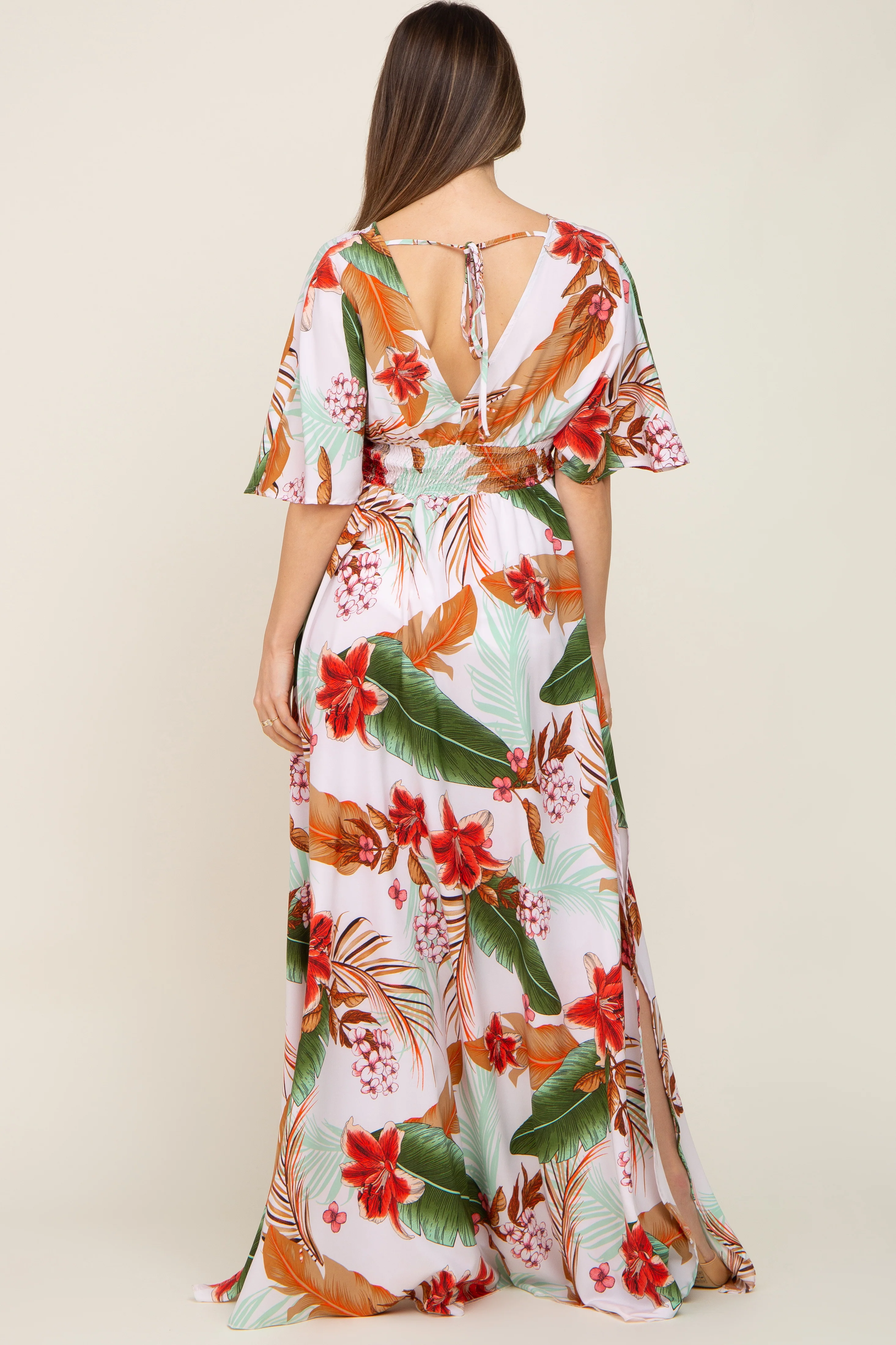 White Floral Smocked Waist Maternity Maxi Dress - Image 3
