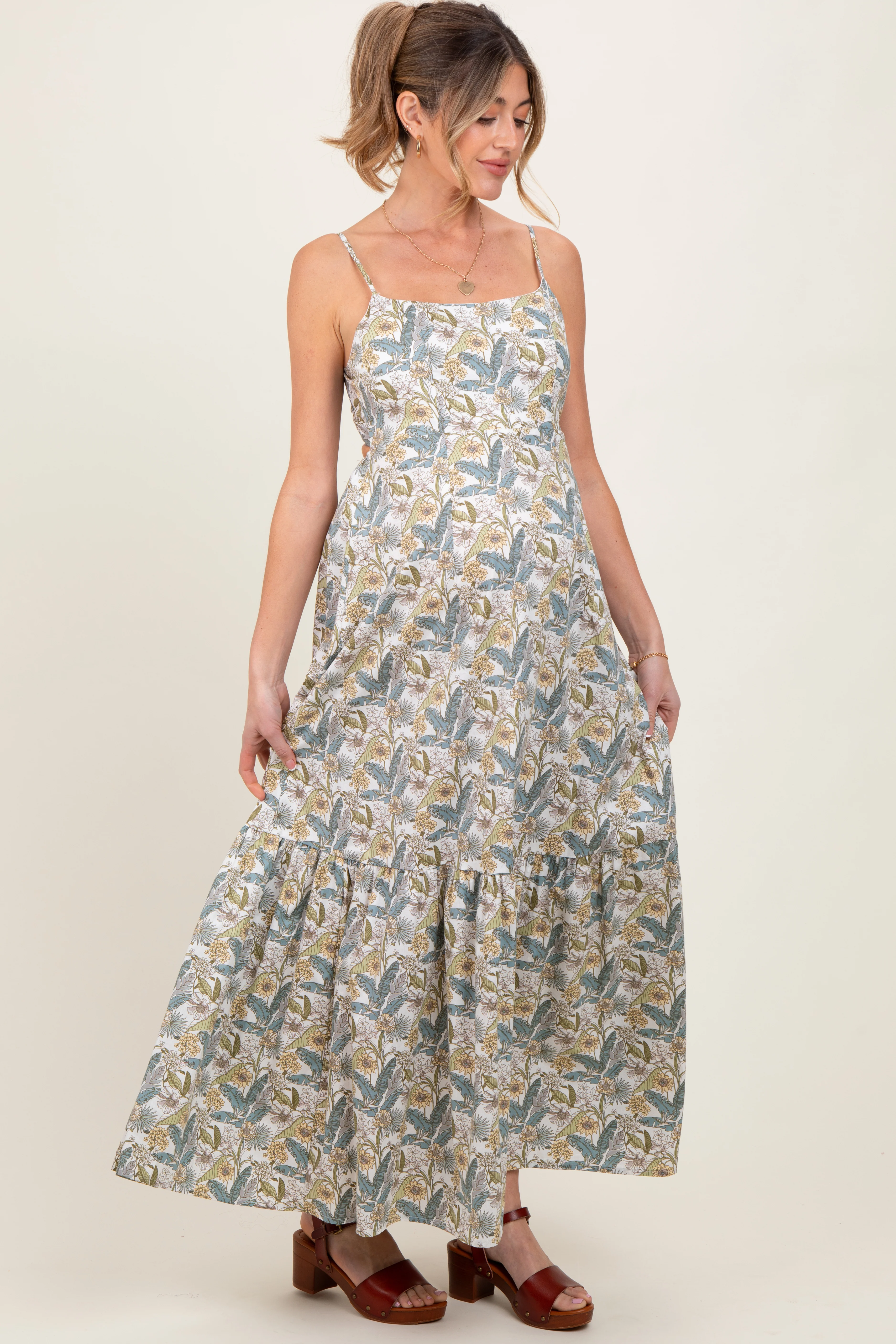 White Floral Tie Back Cutout Maternity Maxi Dress - Image 3