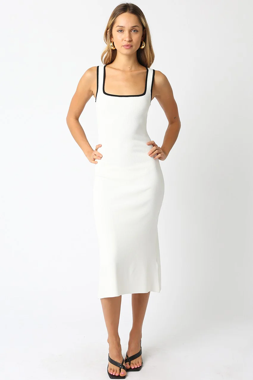 White Knit Contrast Trim Square Neck Maternity Midi Dress - Image 5