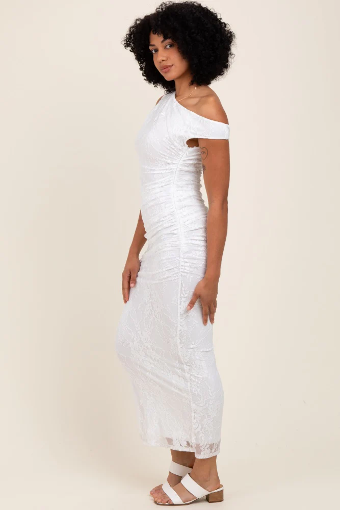 White Lace Asymmetrical Ruched Maxi Dress - Image 2