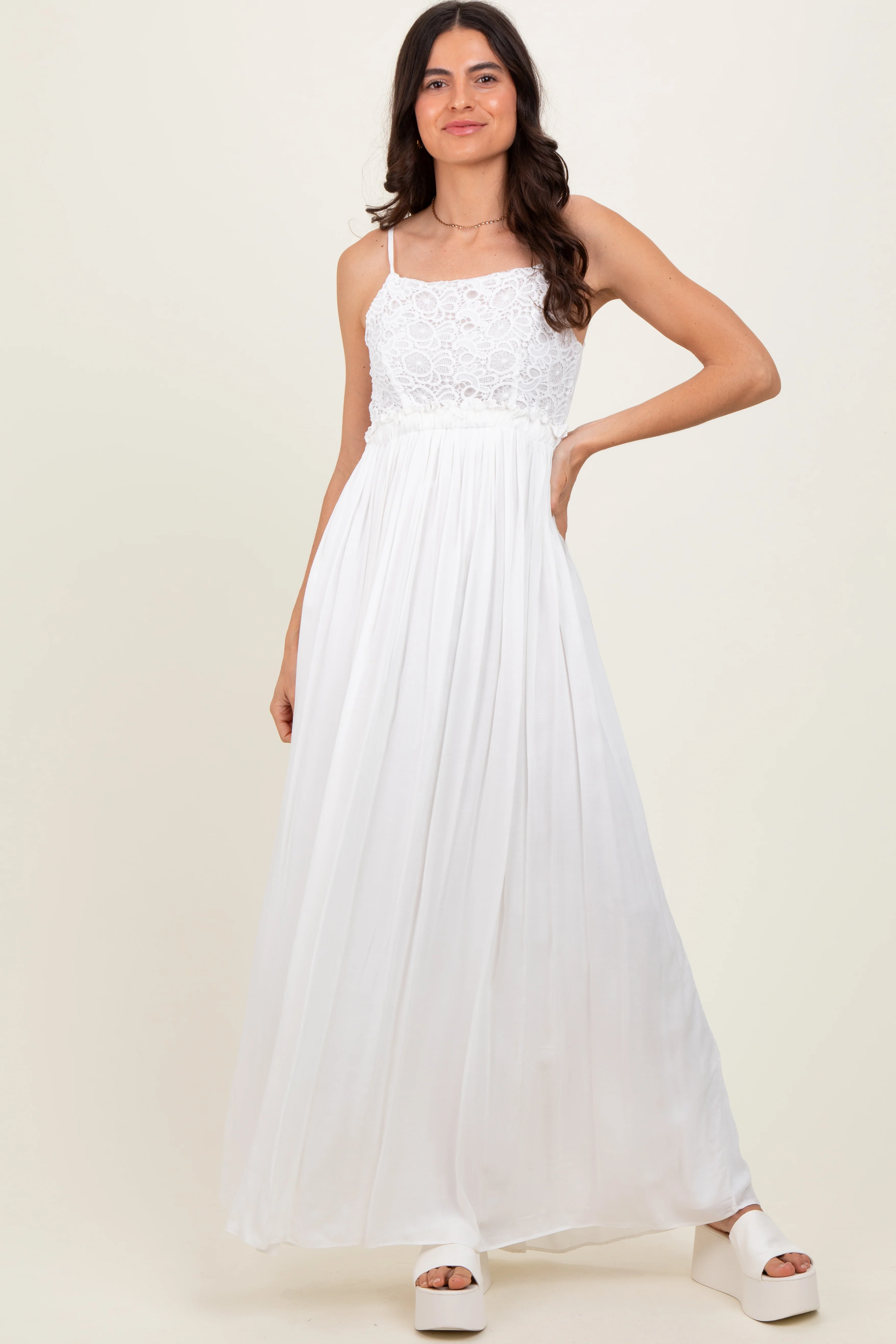 White Lace Bodice Cutout Tie Back Maternity Maxi Dress - Image 5