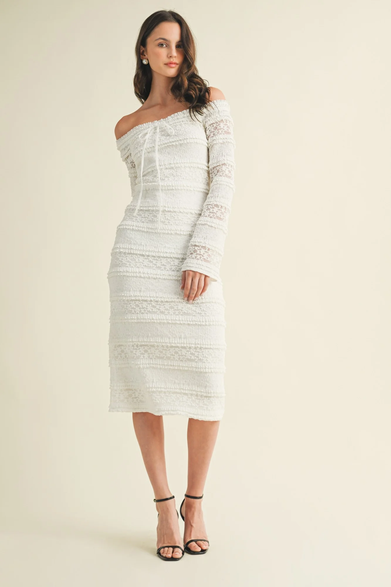 White Lace Ruffle Tiered Off Shoulder Maternity Midi Dress - Image 4