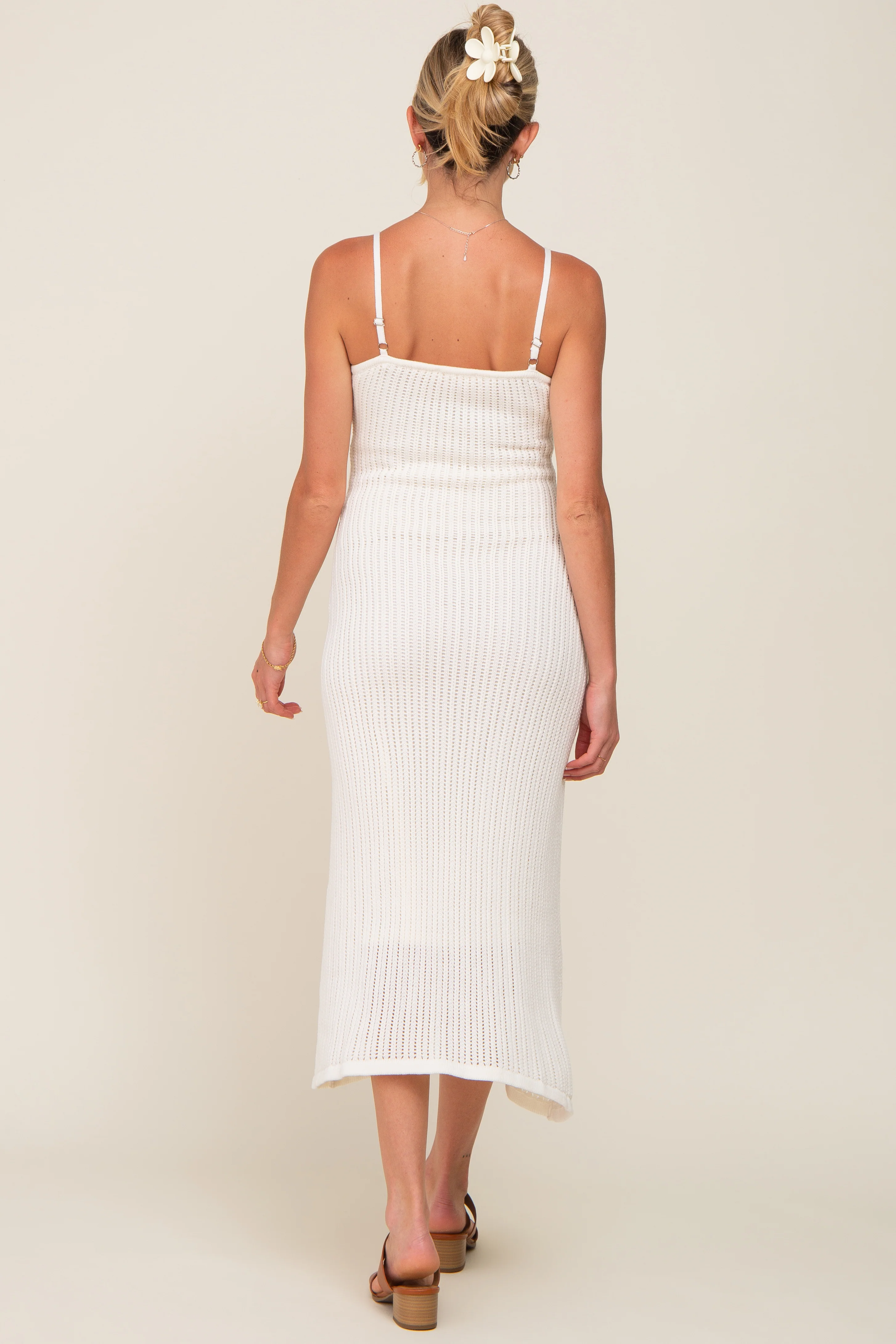 White Open Knit Crochet Maternity Midi Dress - Image 4