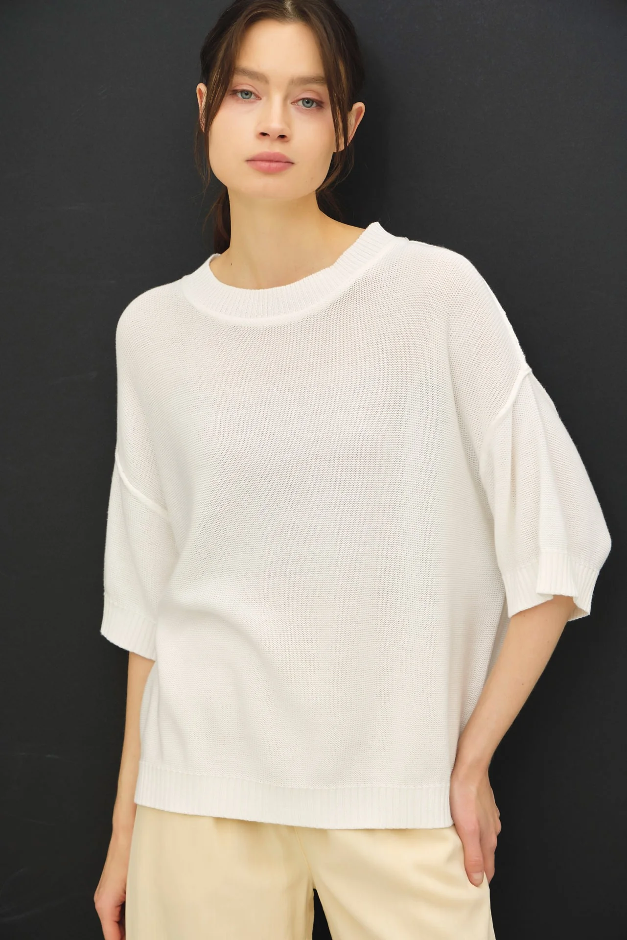 White Oversize Cut Sweater Maternity Top With Raw Edge - Image 5