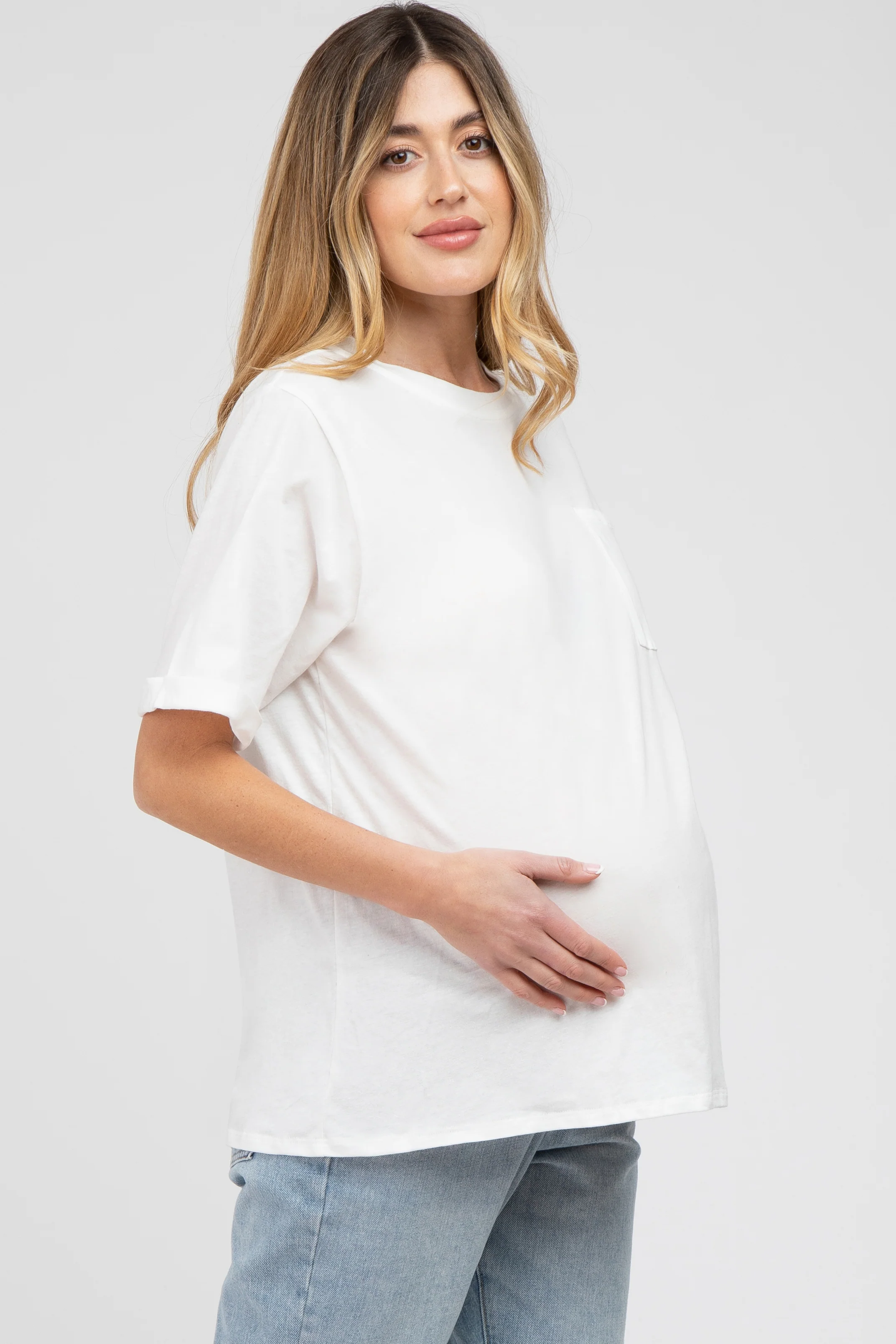White Oversized Pocket Front Short Sleeve Maternity Top - Image 2