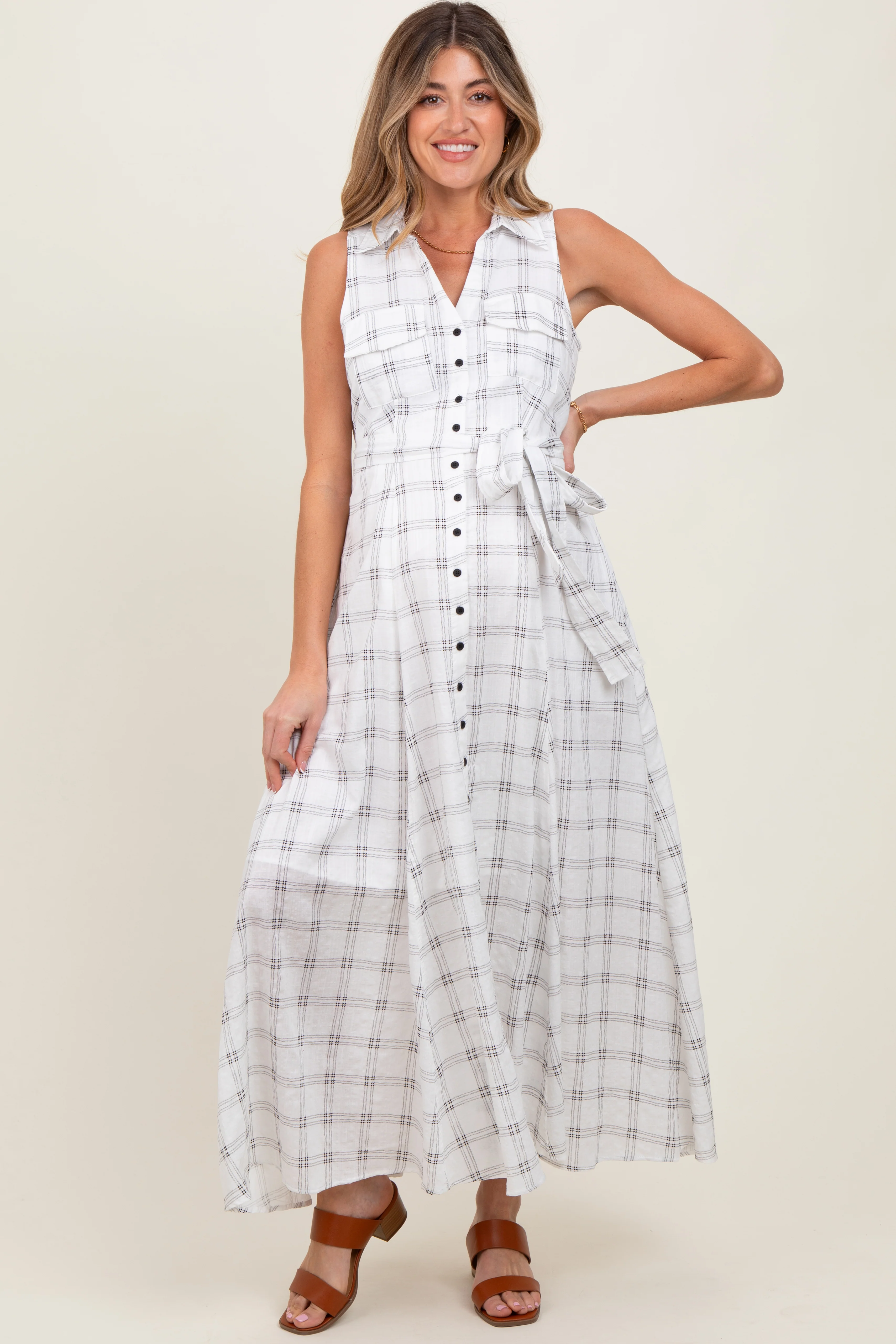 White Plaid Sleeveless Sash Tie Maternity Shirt Dress - Image 2
