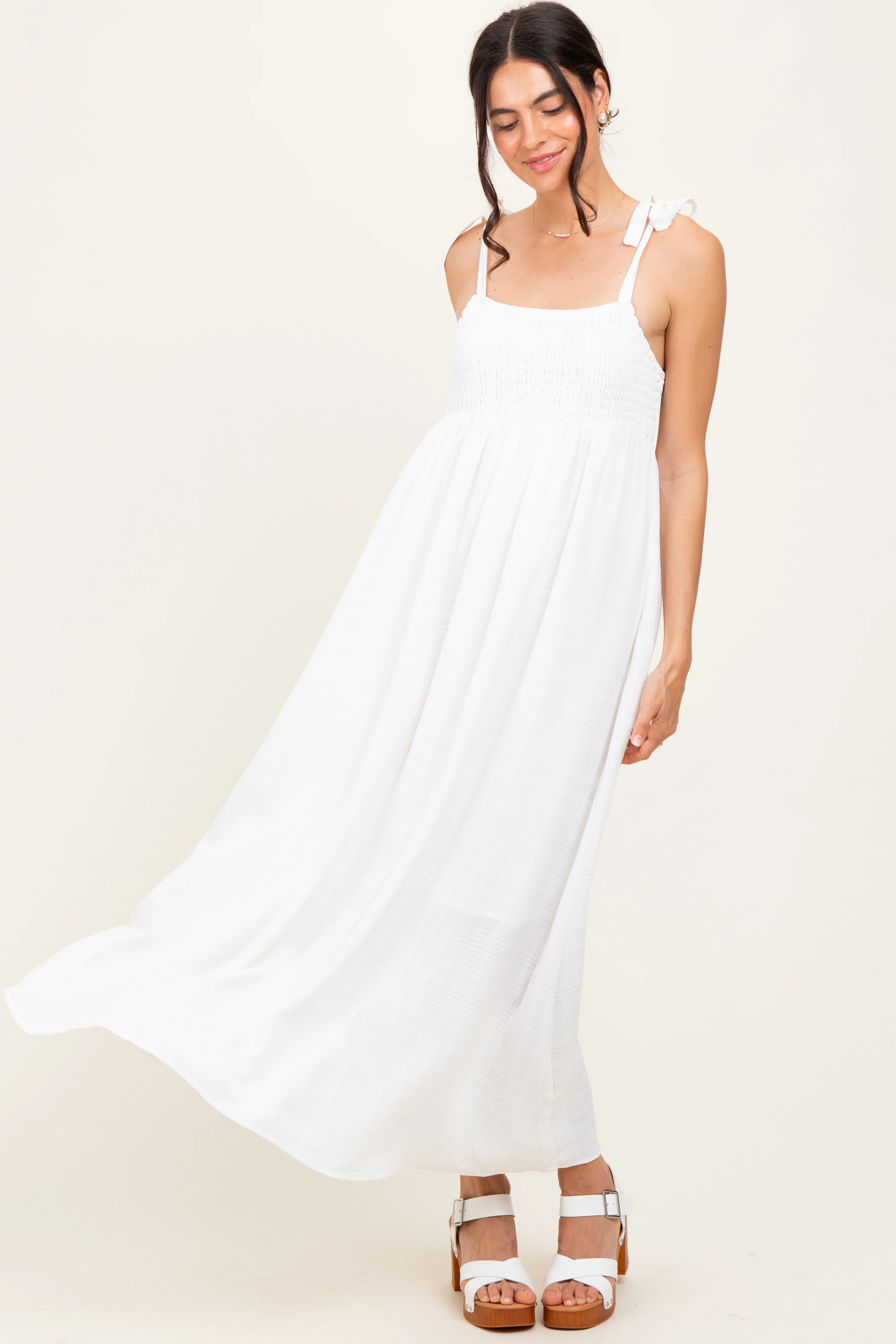 White Plaid Smocked Shoulder Tie Maxi Dress - Image 2