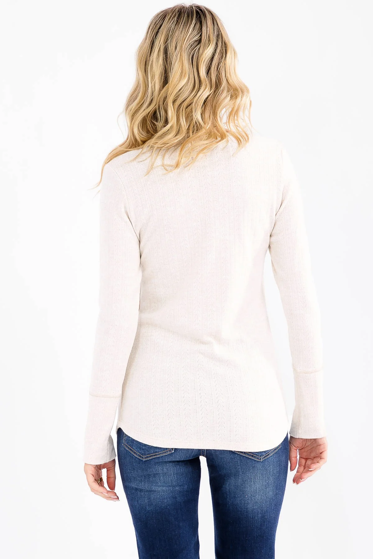 White Pointelle Knit Henley Top - Image 2