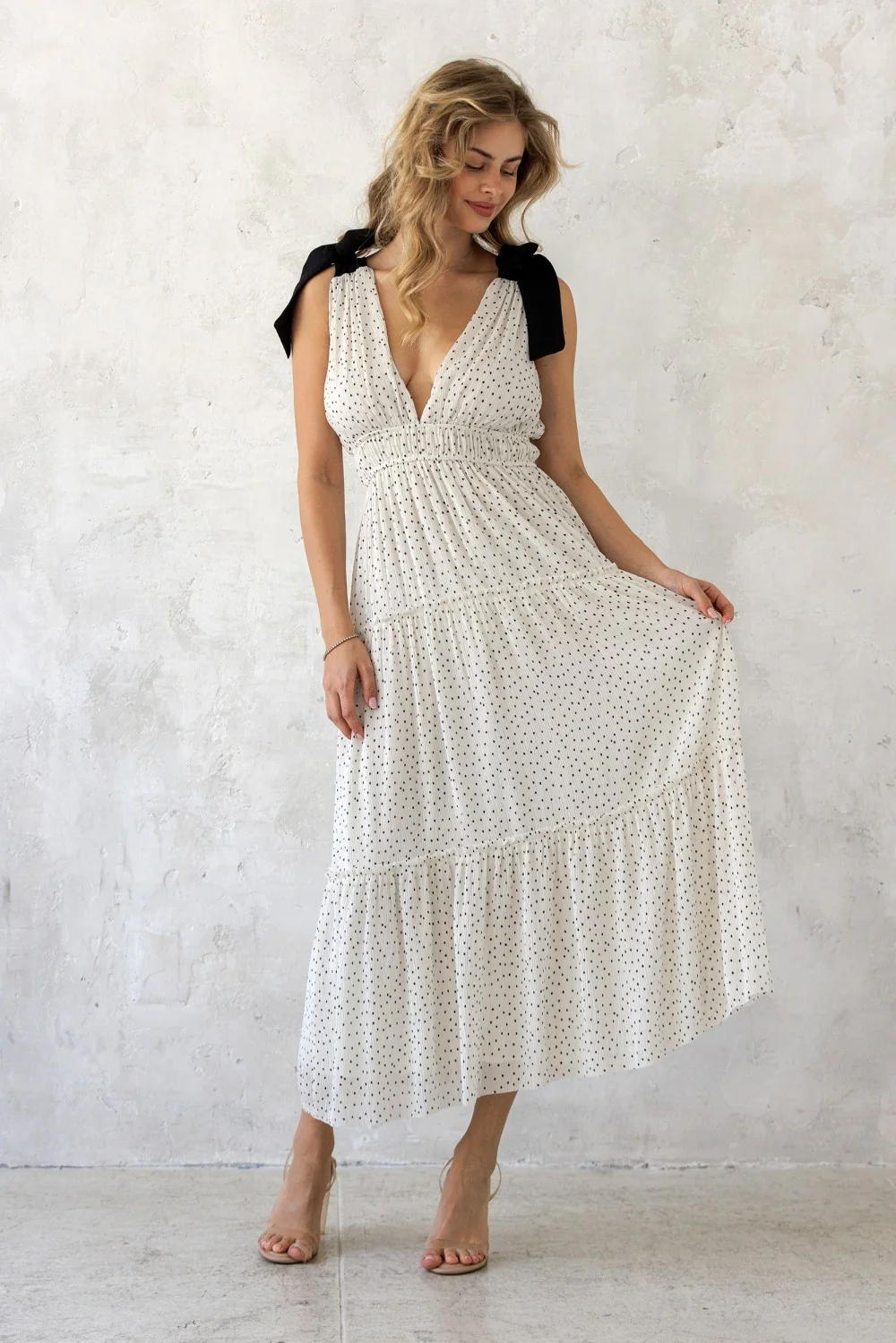White Polka Dot Shoulder Tie Dress