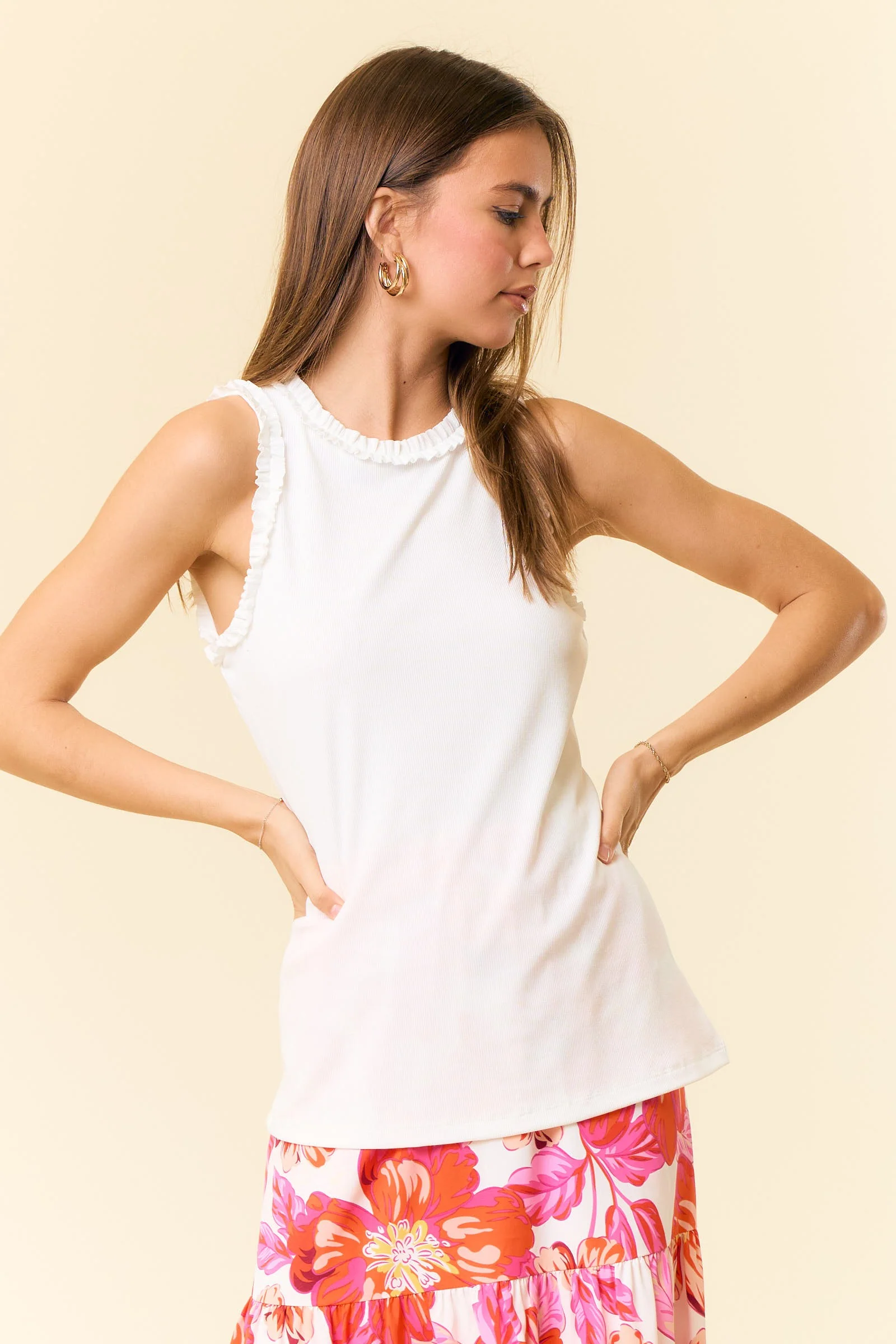 White Rib Knit Ruffle Trim Sleeveless Maternity Top - Image 4