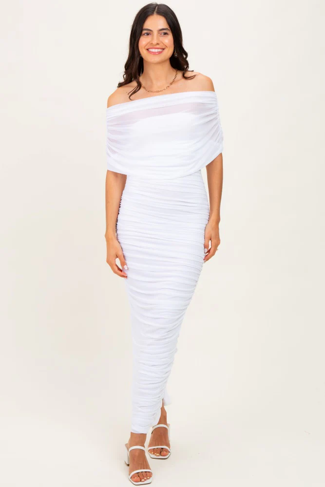 White Ruched Mesh Foldover Off Shoulder Maternity Maxi Dress - Image 5