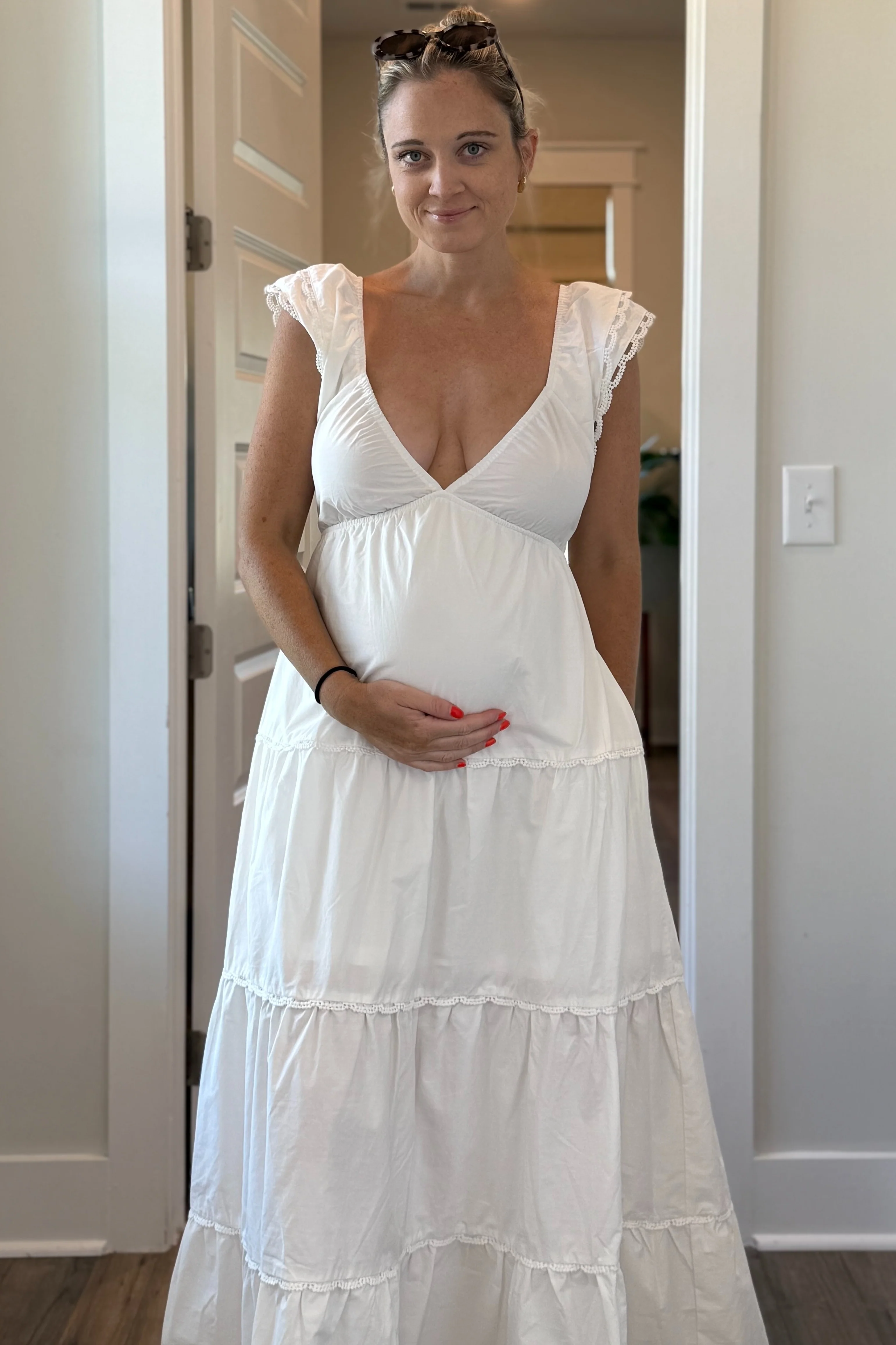 White Ruffle Trim Maternity Maxi Dress - Image 10