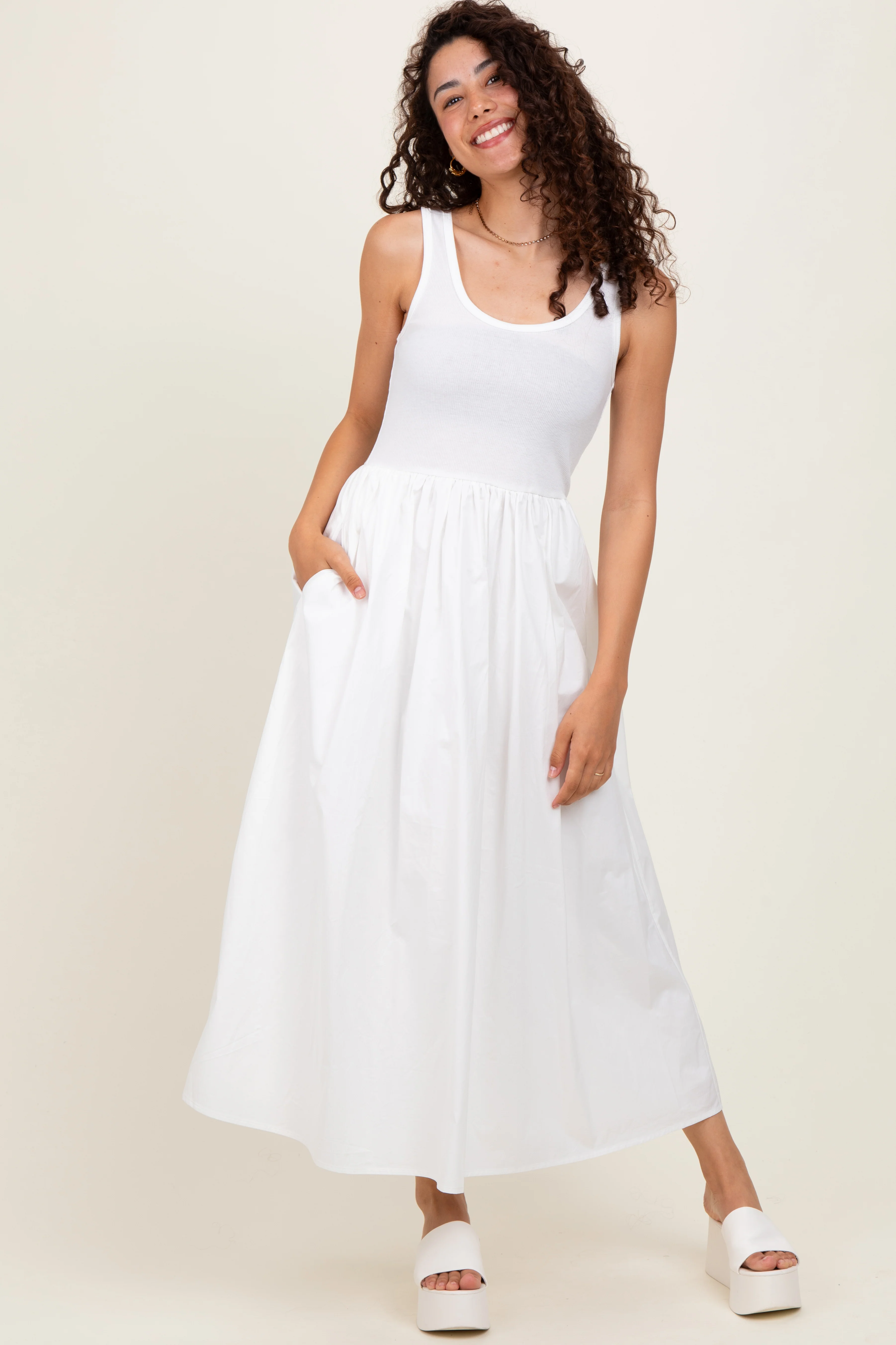 White Scoop Neck Contrast Skirt Maternity Maxi Dress - Image 4