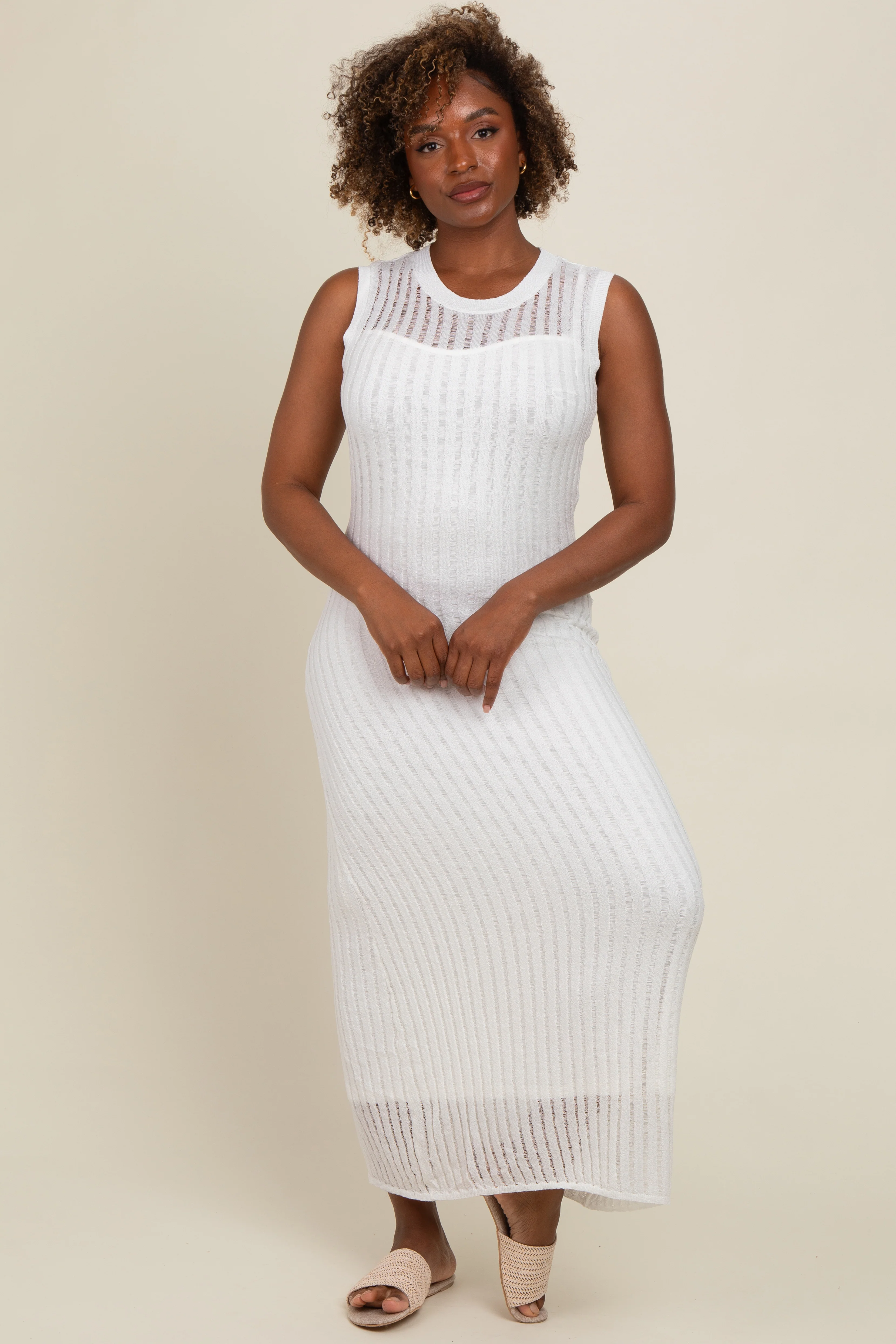 White Sheer Knit Layered Maternity Maxi Dress - Image 4