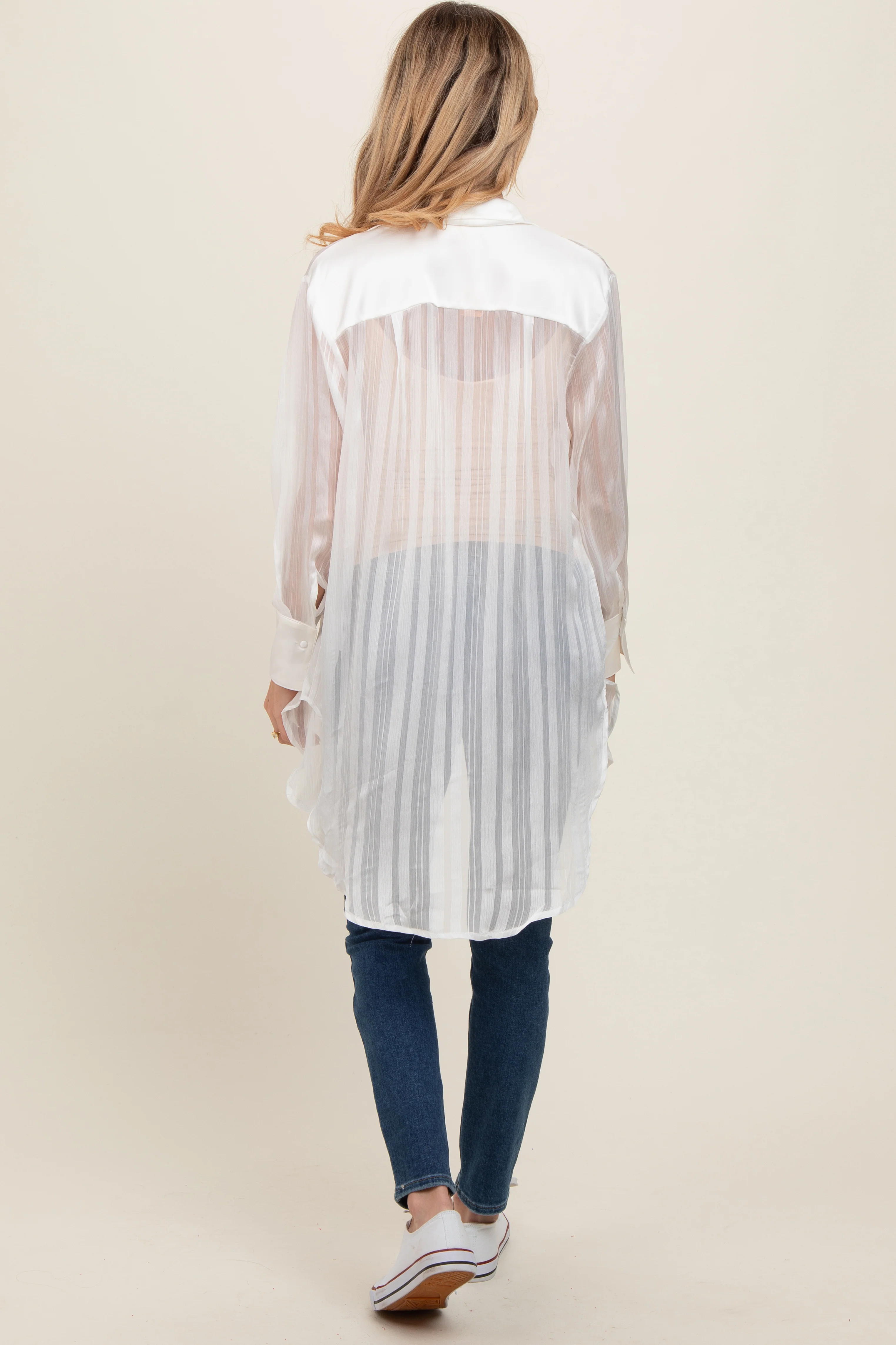 White Sheer Stripe Button Down Maternity Blouse - Image 3