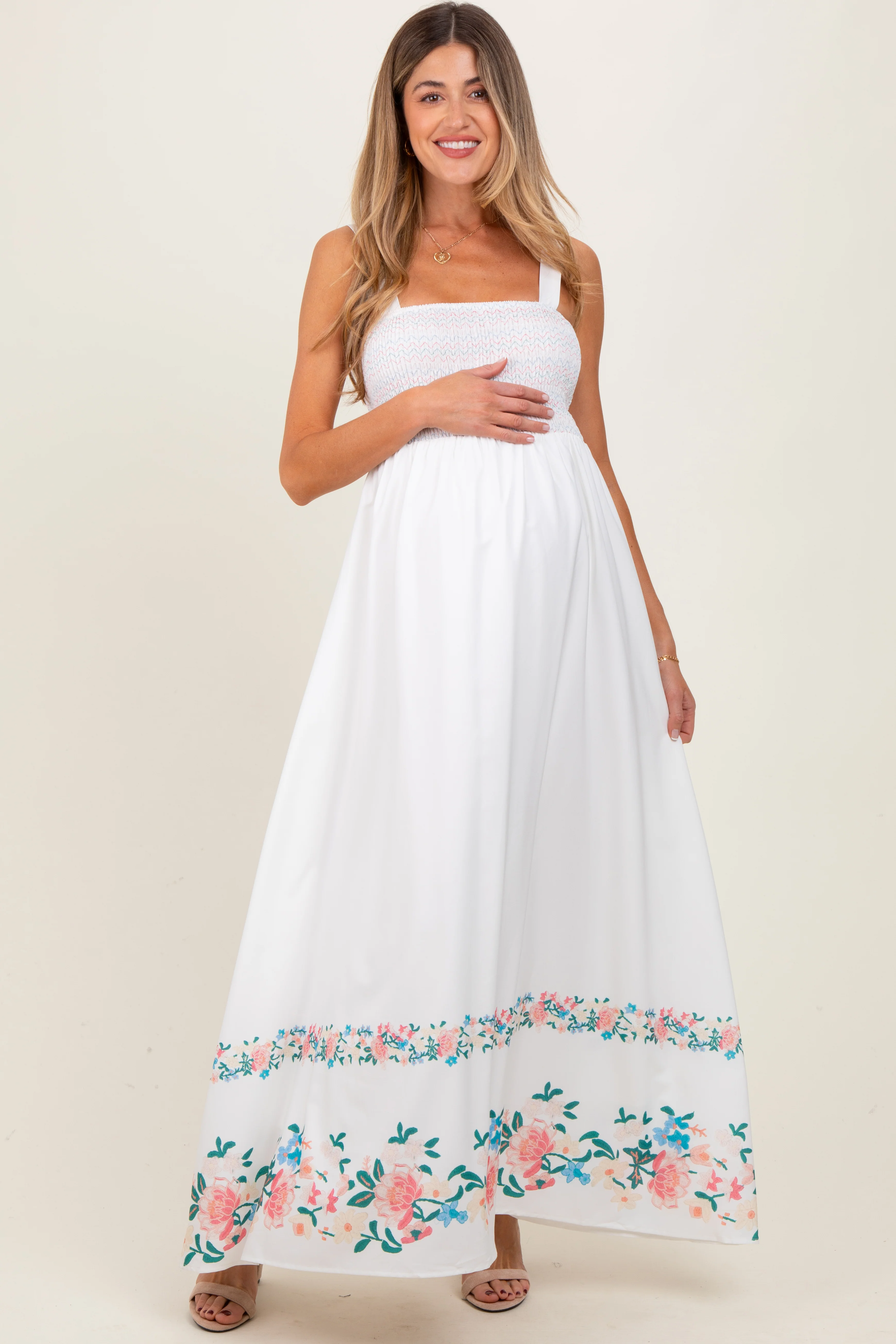 White Smocked Embroidered Floral Border Maternity Maxi Dress - Image 2