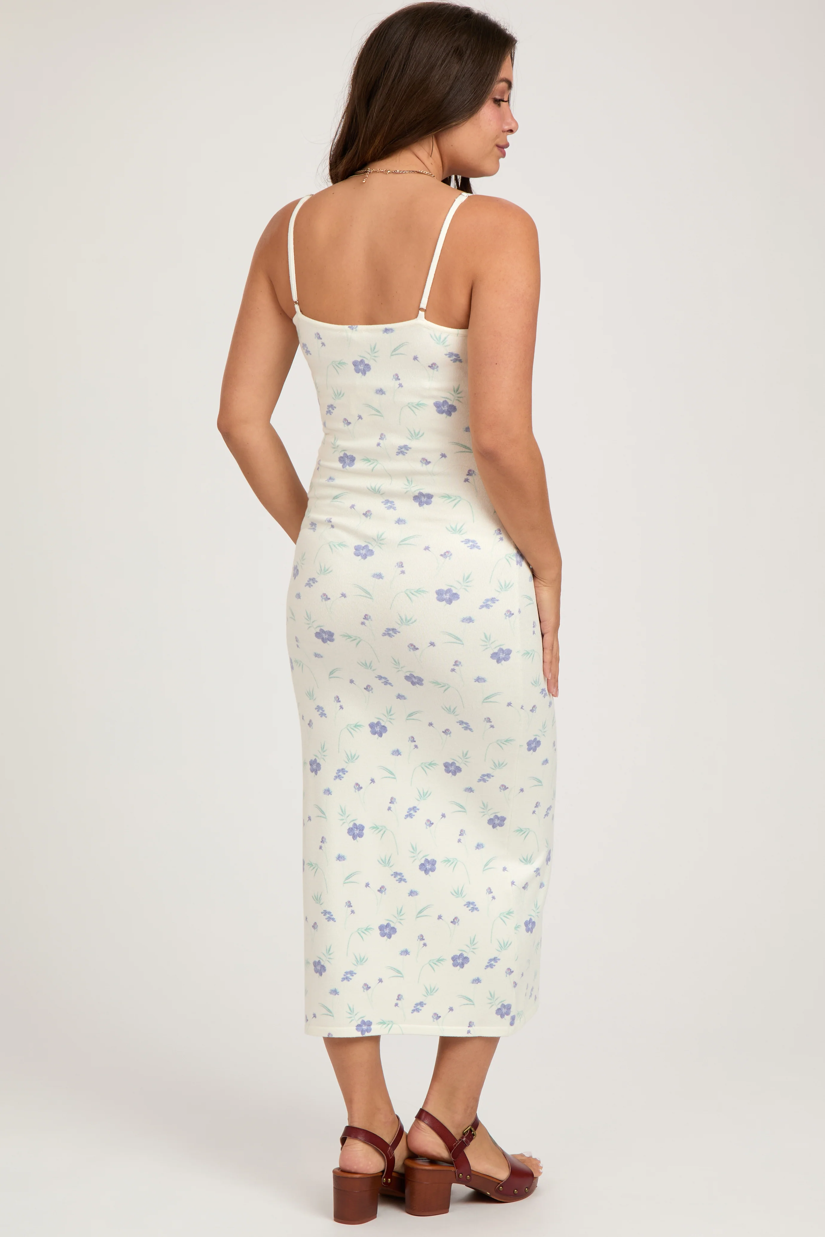 White Ultra Soft Knit Floral Sleeveless Maternity Midi Dress - Image 4